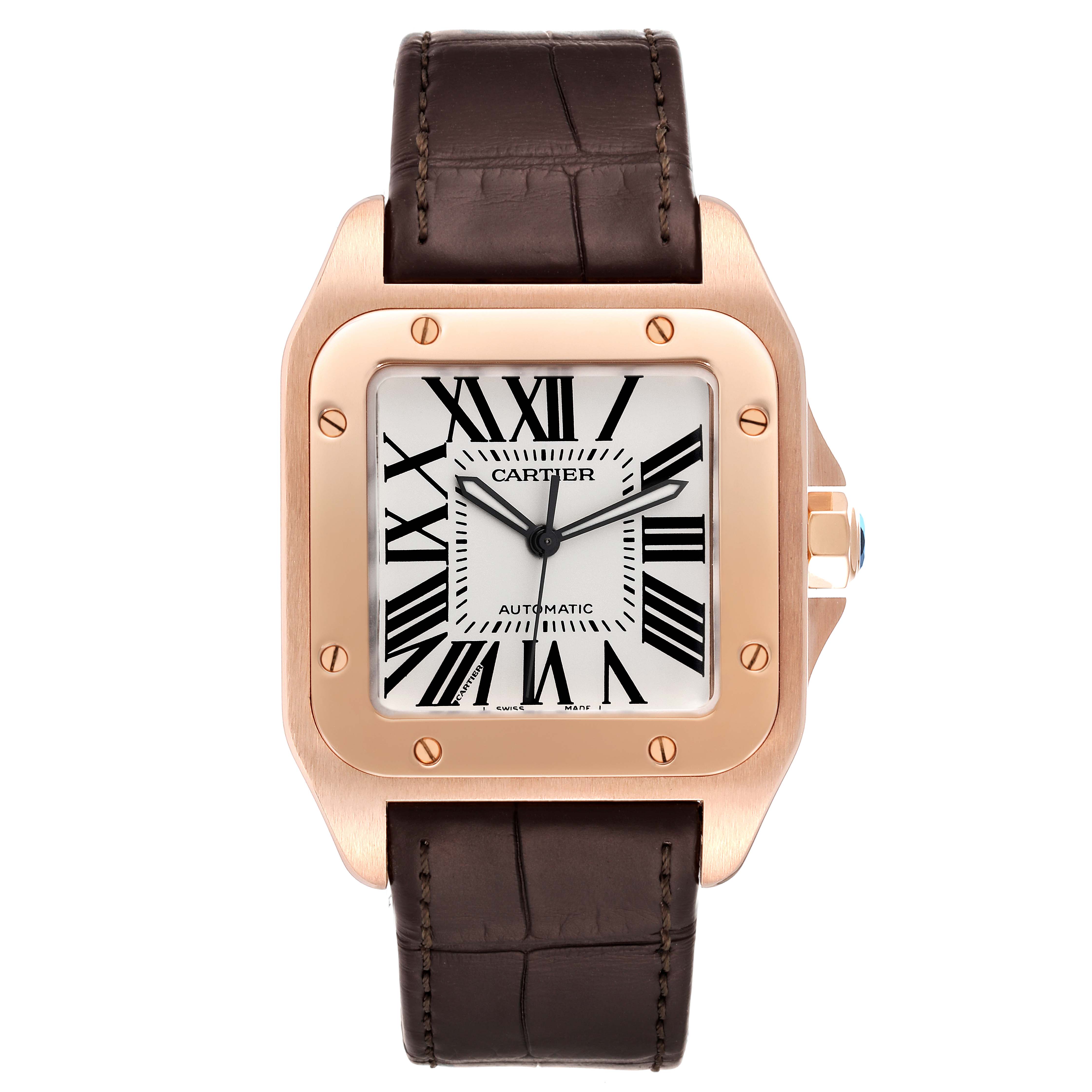 This image shows a front view of a Cartier Santos W20095Y1 Men's Rose Gold Silver Dial W20095Y1 Men's Rose Gold Silver Dial watch featuring a square face, roman numerals, and a leather strap.