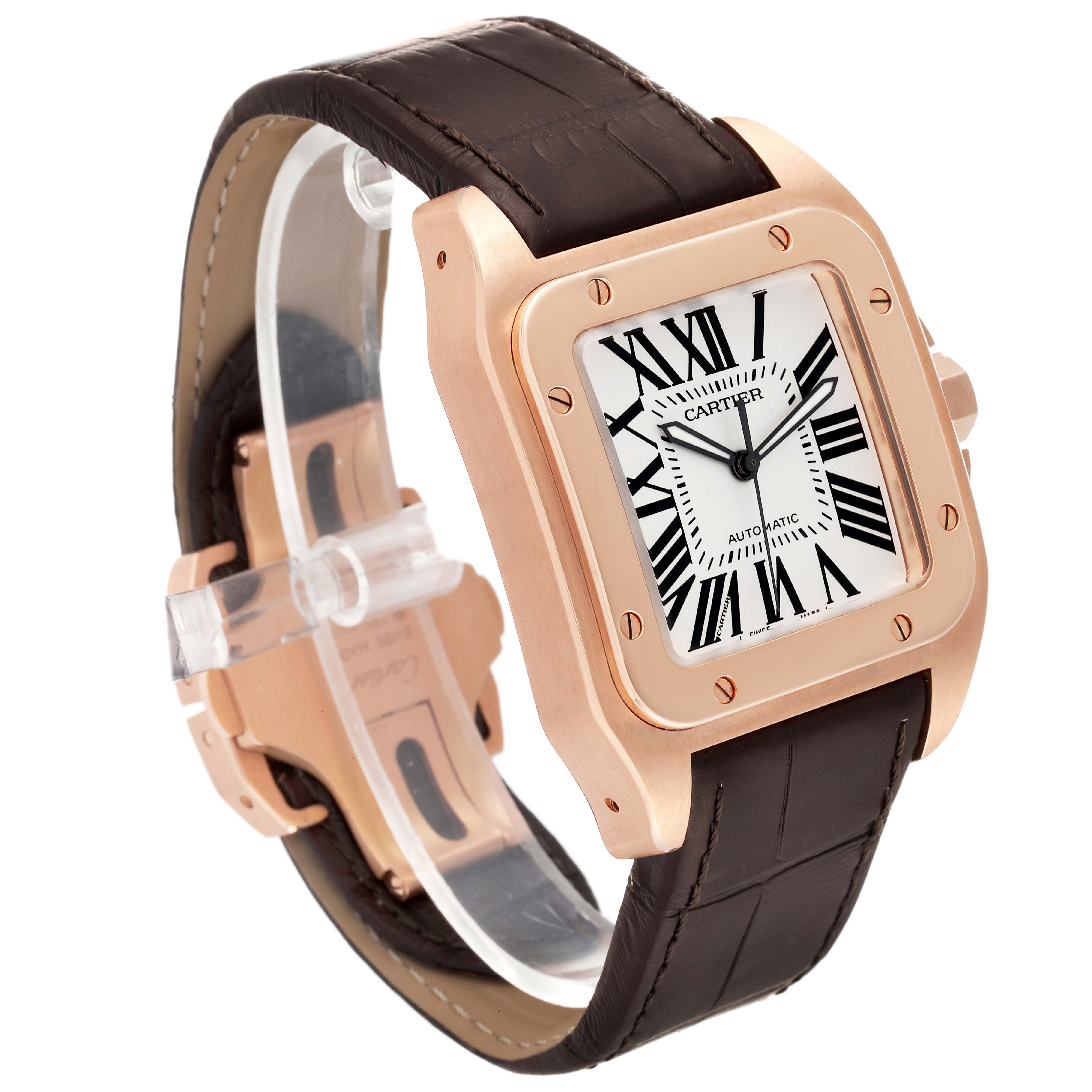 The Cartier Santos W20095Y1 Men's Rose Gold Silver Dial W20095Y1 Men's Rose Gold Silver Dial watch is shown at an angled side view, highlighting its square face, Roman numerals, and leather strap.