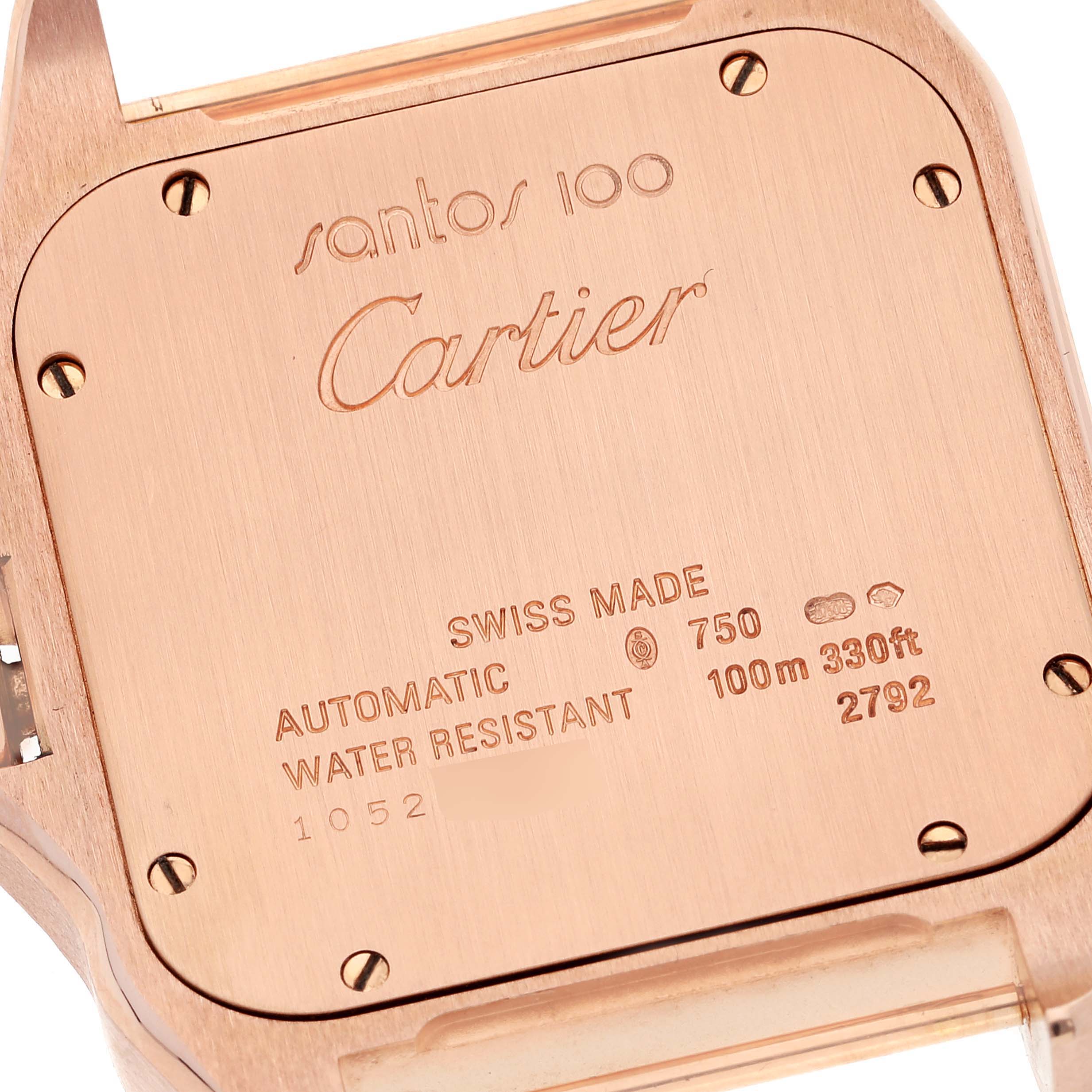 This image shows the engraved case back of the Cartier Santos W20095Y1 Men's Rose Gold Silver Dial W20095Y1 Men's Rose Gold Silver Dial 100 model.