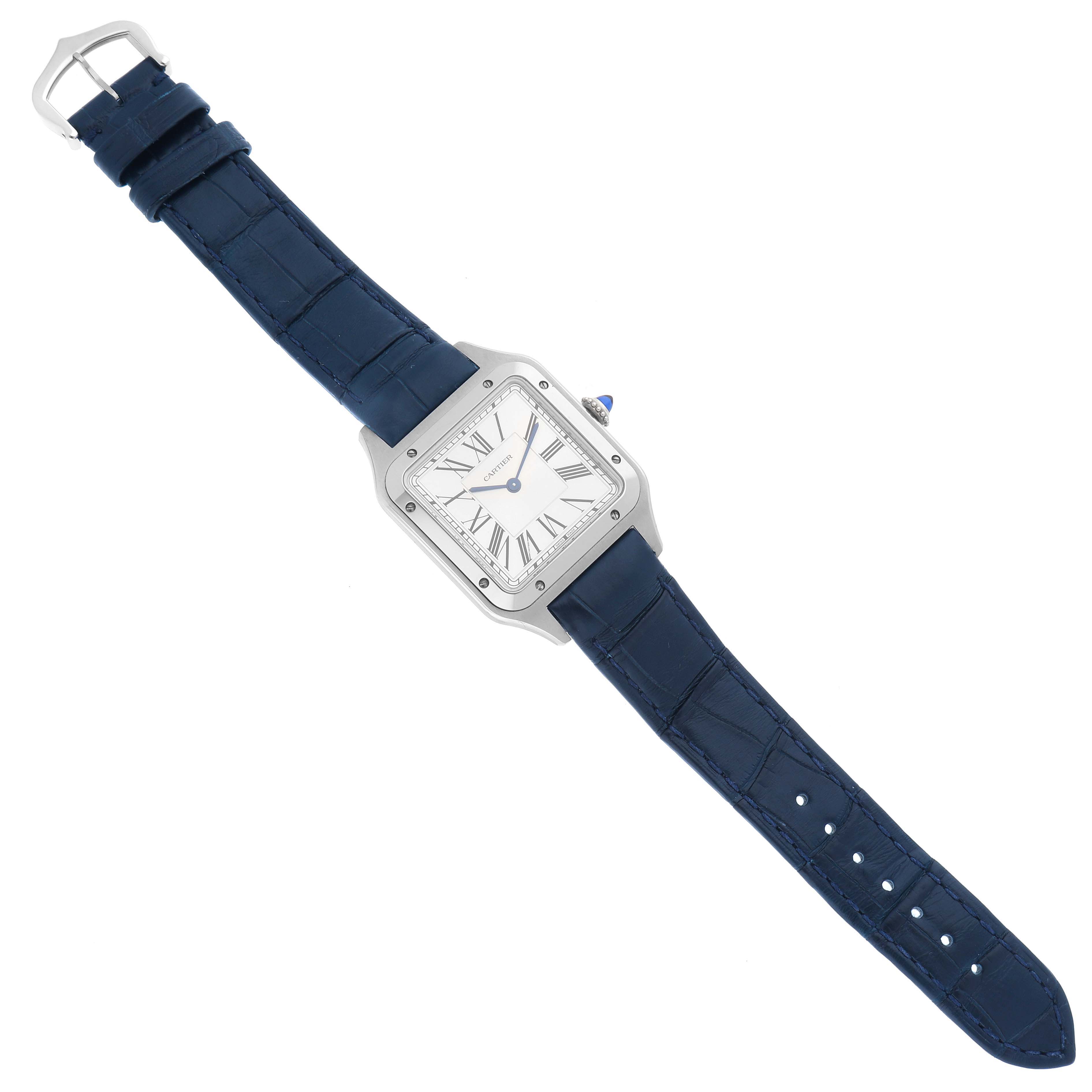 The Cartier Santos Dumont WSSA0022 Men
s Stainless Steel Silver Dial WSSA0022 Men
s Stainless Steel Silver Dial watch is shown fully extended from a top-down angle, displaying the face and entire strap.