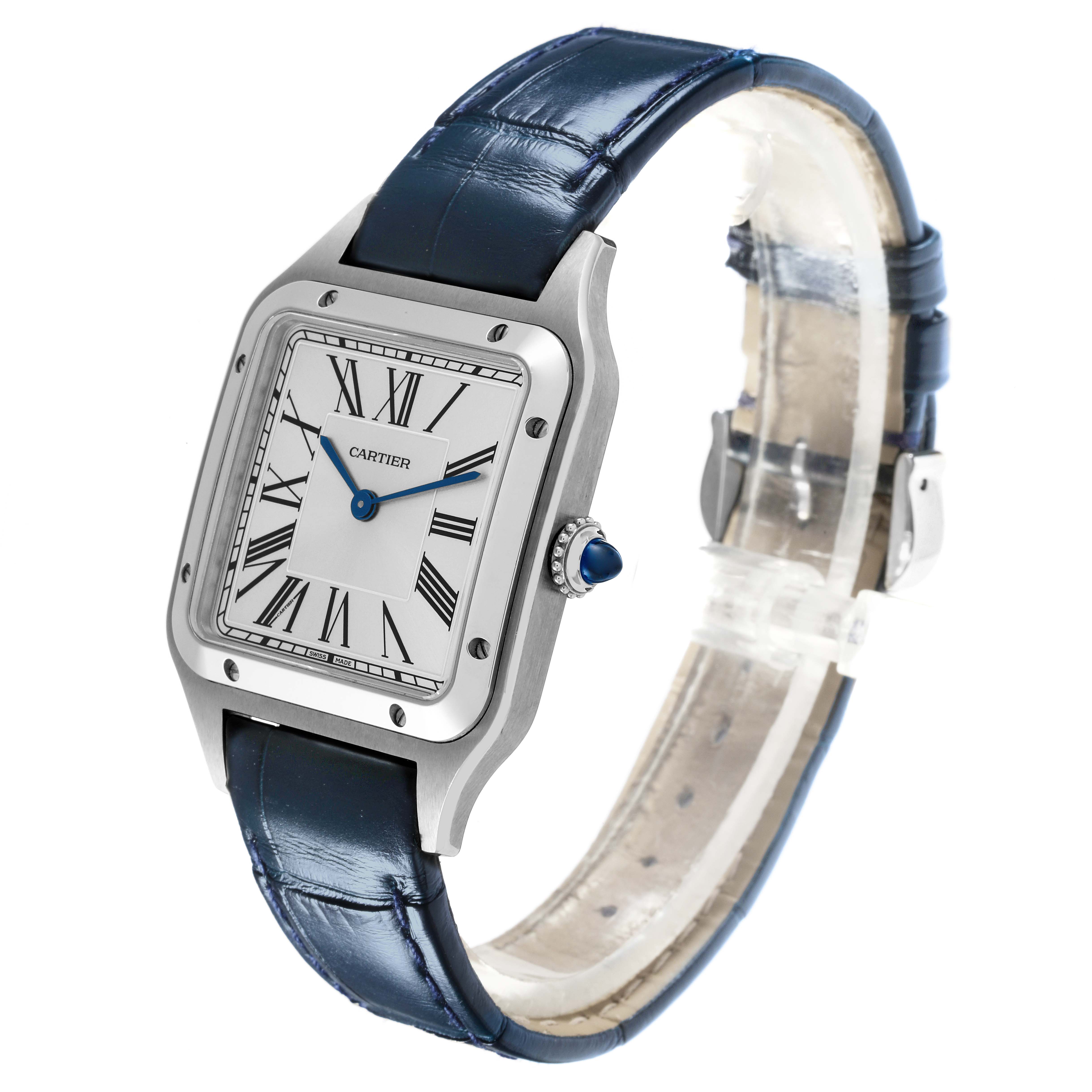 The Santos Dumont watch by Cartier is shown at an angle highlighting the face, crown, and strap.