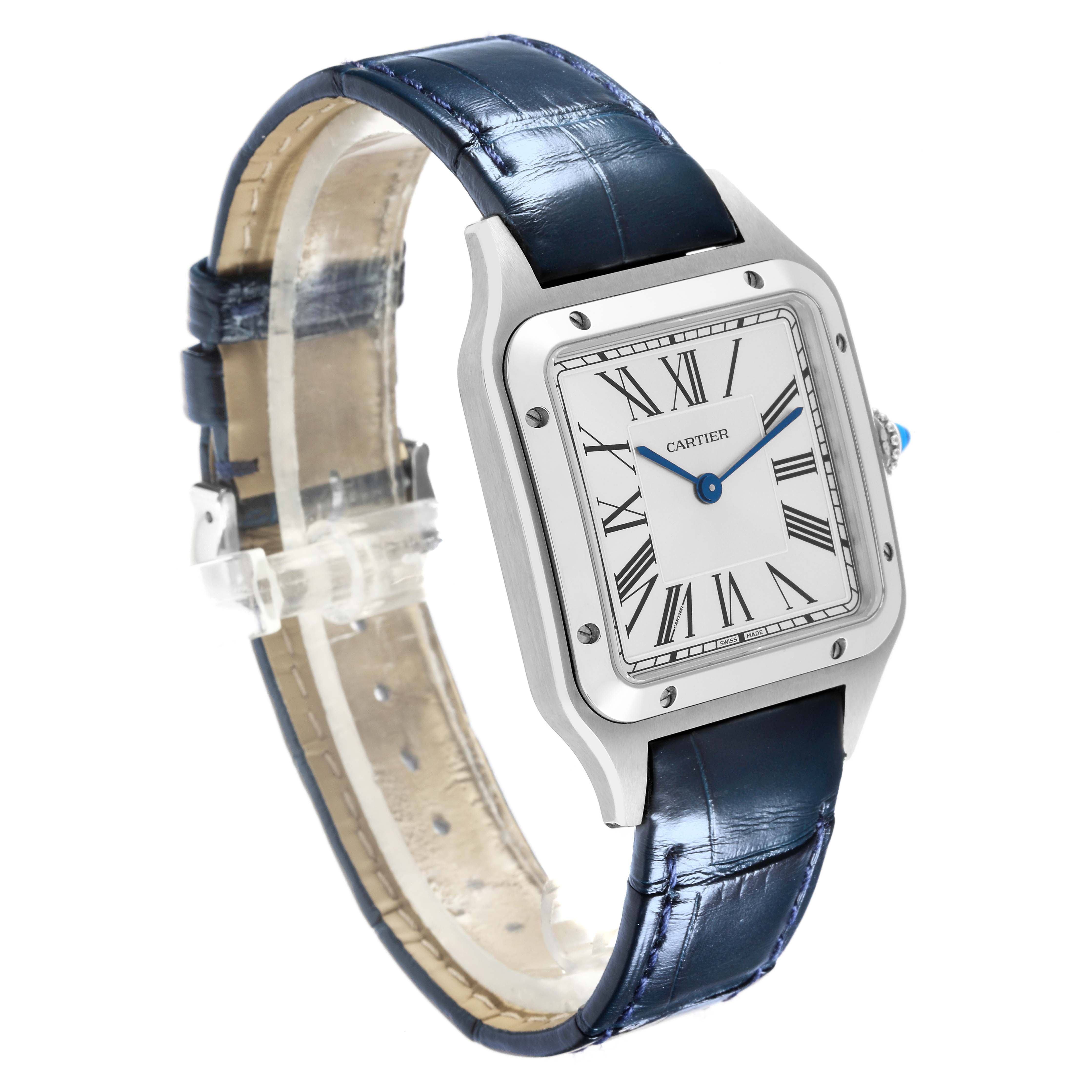 The Cartier Santos Dumont WSSA0022 Men
s Stainless Steel Silver Dial WSSA0022 Men
s Stainless Steel Silver Dial watch is shown at an angle highlighting its face, bezel, and blue leather strap.