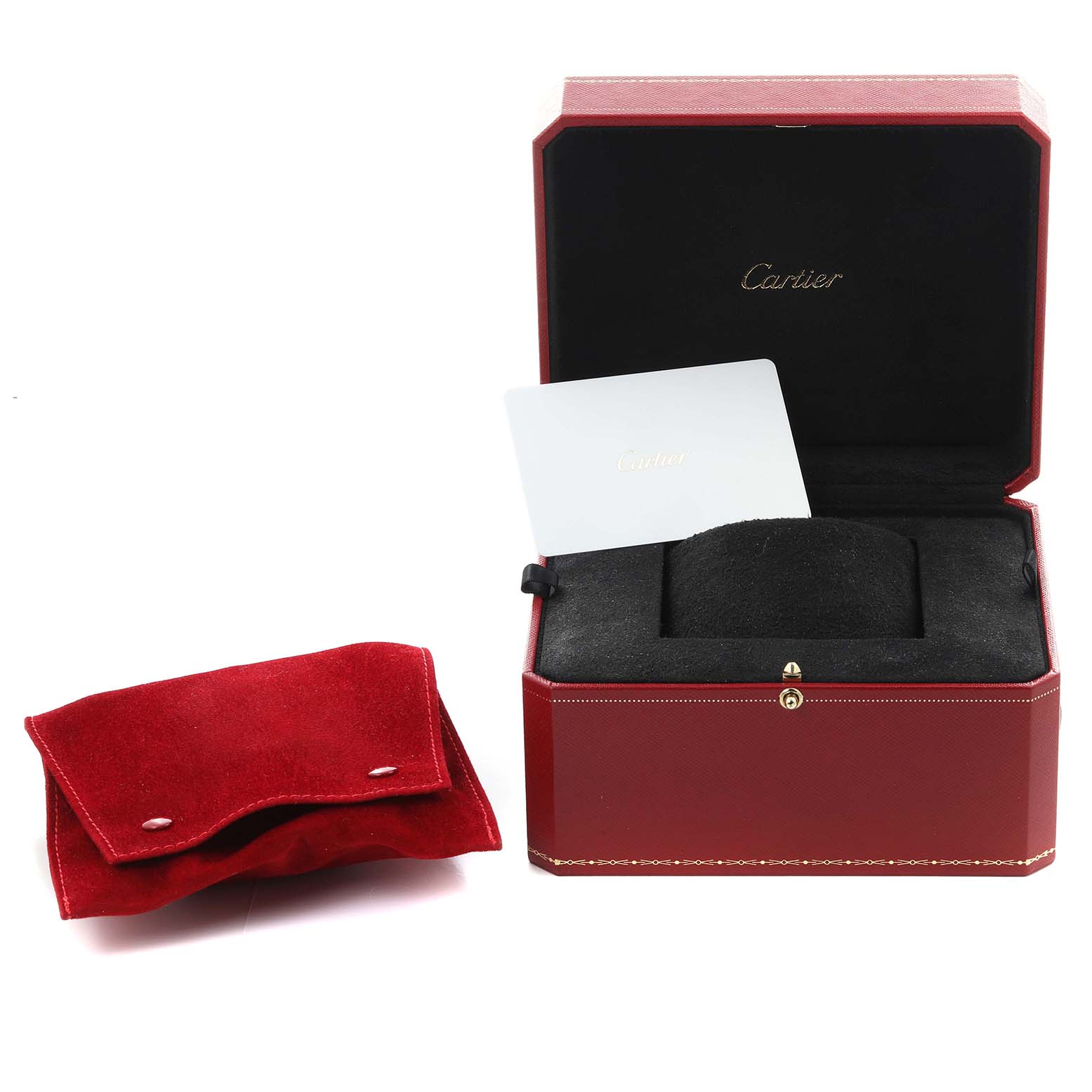 The image shows an open Cartier Santos Dumont WSSA0022 Men
s Stainless Steel Silver Dial WSSA0022 Men
s Stainless Steel Silver Dial watch box with a booklet and a red pouch.