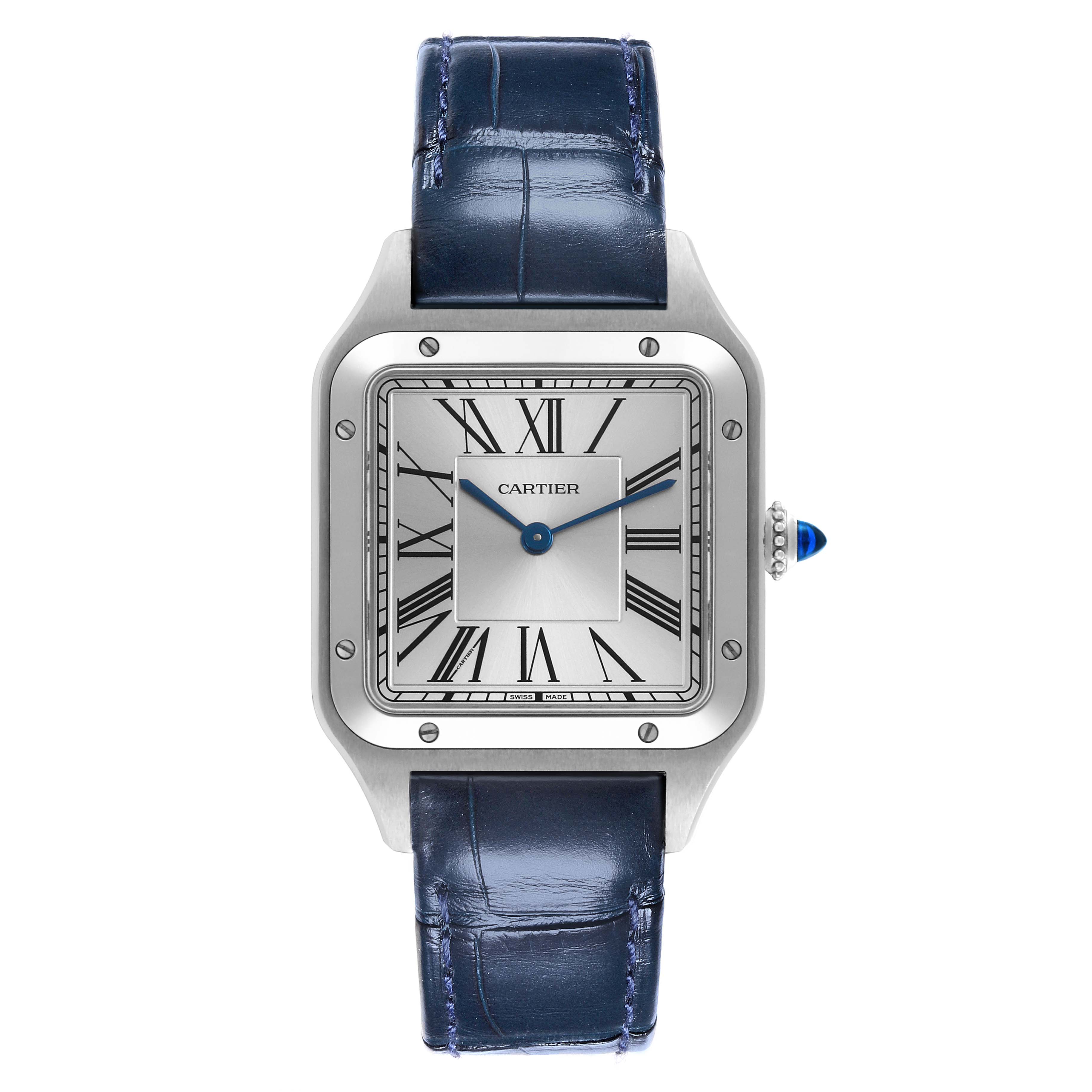 The Cartier Santos Dumont WSSA0022 Men
s Stainless Steel Silver Dial WSSA0022 Men
s Stainless Steel Silver Dial watch is shown from the front, highlighting the face, Roman numerals, and blue strap.