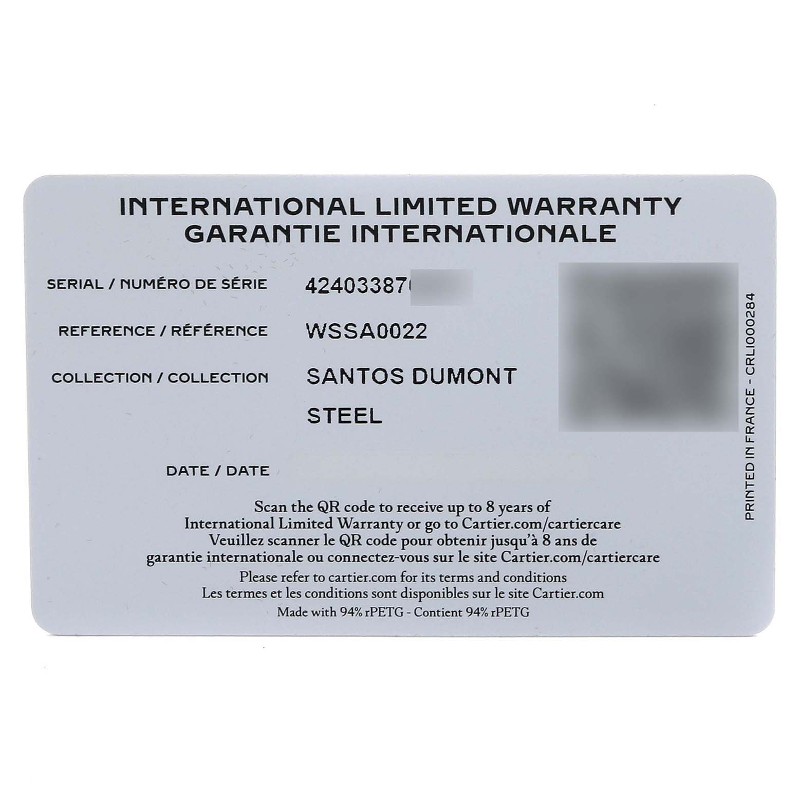 The image shows the International Limited Warranty card for the Santos Dumont model by Cartier.