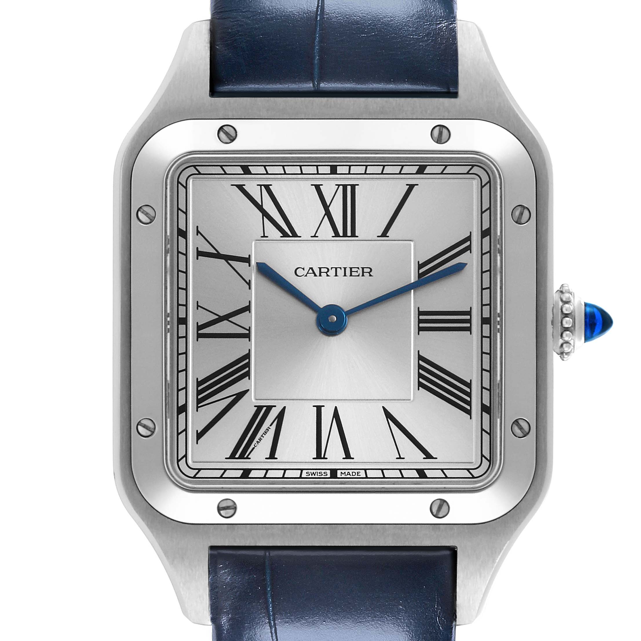 The image shows a front view of the Cartier Santos Dumont WSSA0022 Men
s Stainless Steel Silver Dial WSSA0022 Men
s Stainless Steel Silver Dial watch face, bezel, and part of the strap.