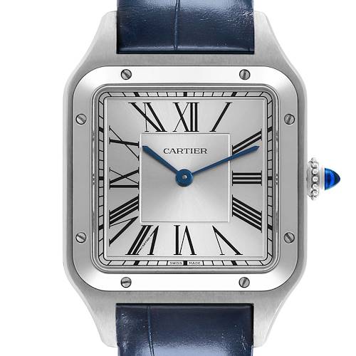 The Cartier Santos Dumont watch is shown from the front, displaying its square face, Roman numerals, and blue leather strap.