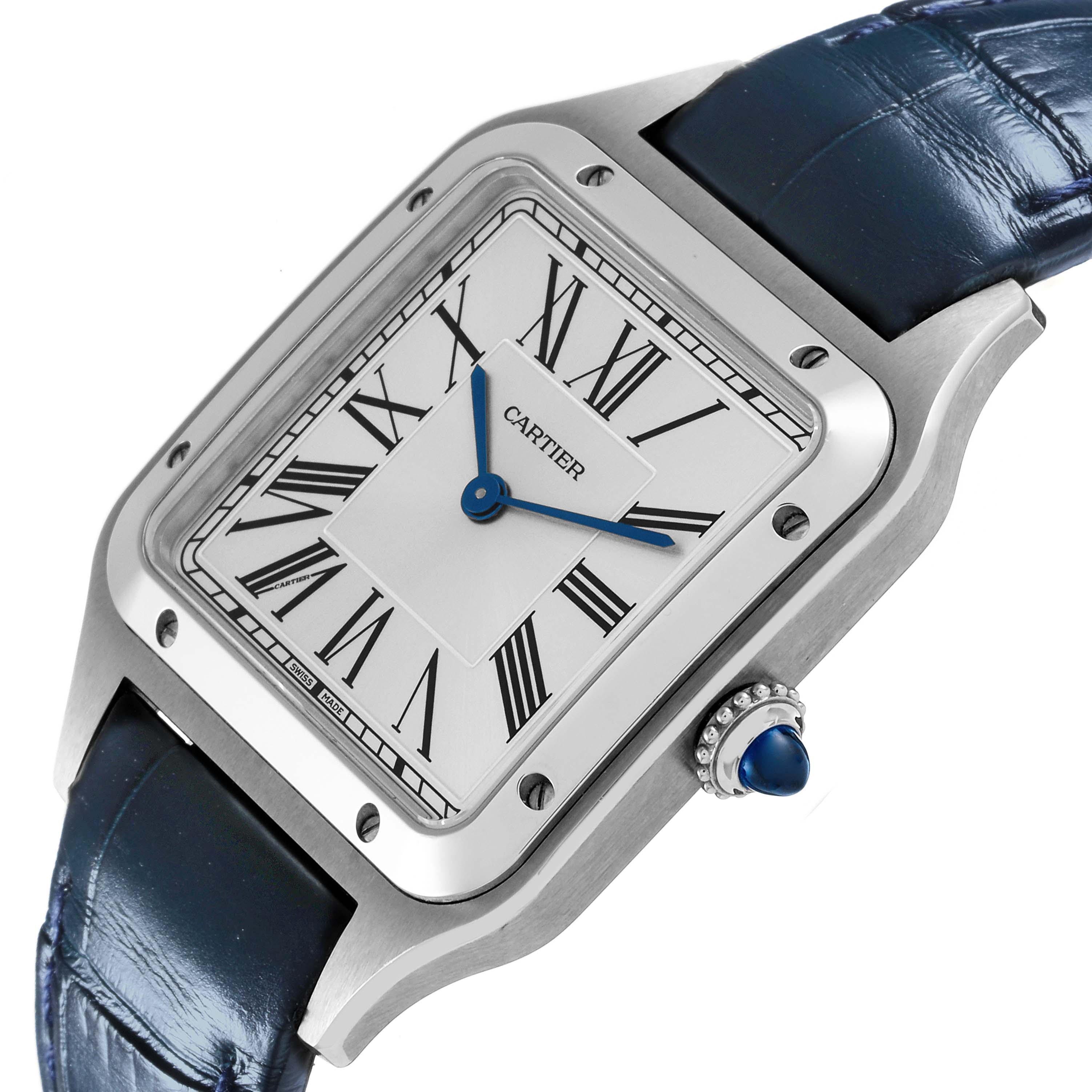 The Cartier Santos Dumont WSSA0022 Men
s Stainless Steel Silver Dial WSSA0022 Men
s Stainless Steel Silver Dial watch is shown at an angle highlighting the dial, crown with a blue cabochon, and part of the strap.