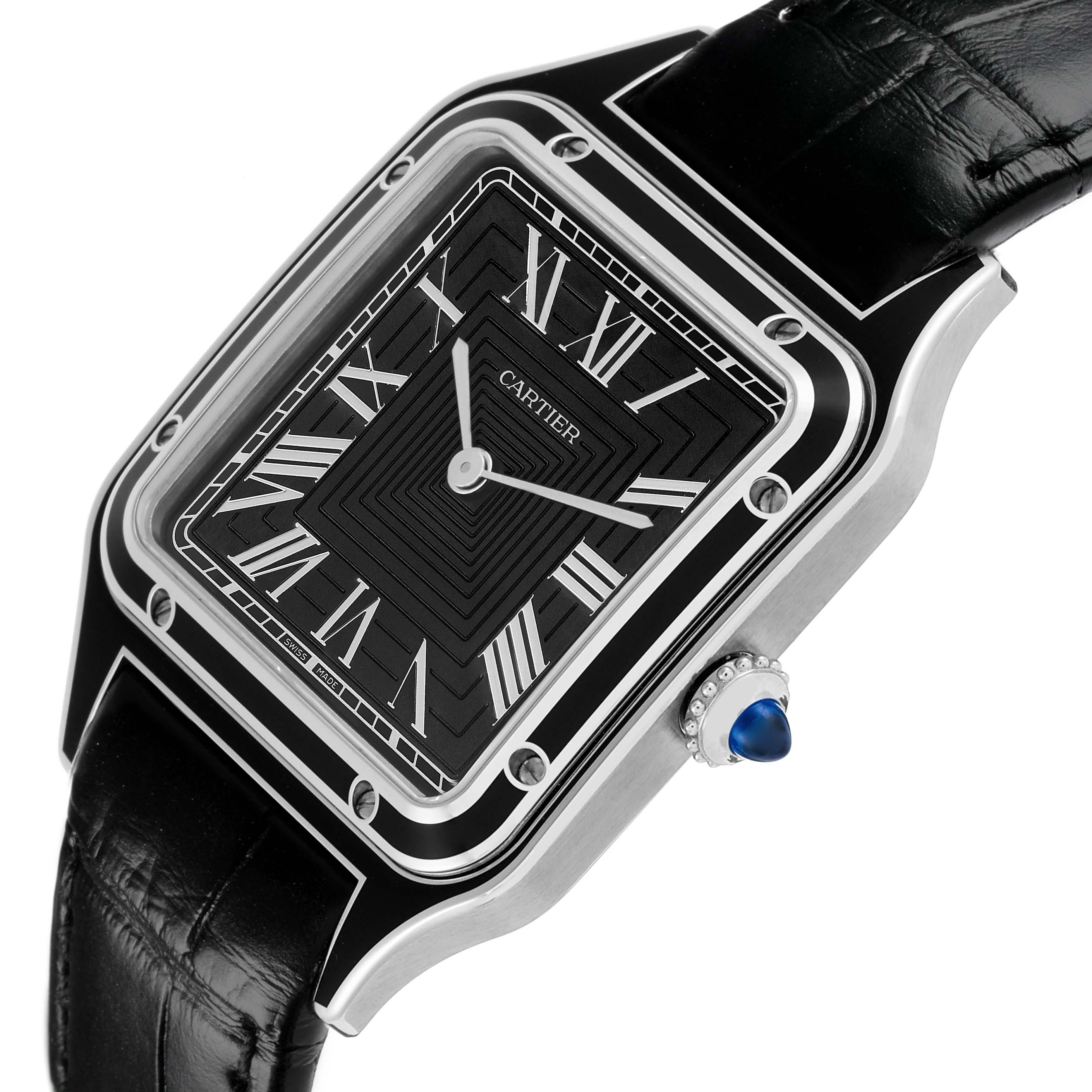 The Cartier Santos Dumont WSSA0046 Men's Stainless Steel Black Dial WSSA0046 Men's Stainless Steel Black Dial watch is shown from a front-angle, highlighting the black dial, Roman numerals, and sapphire crown.