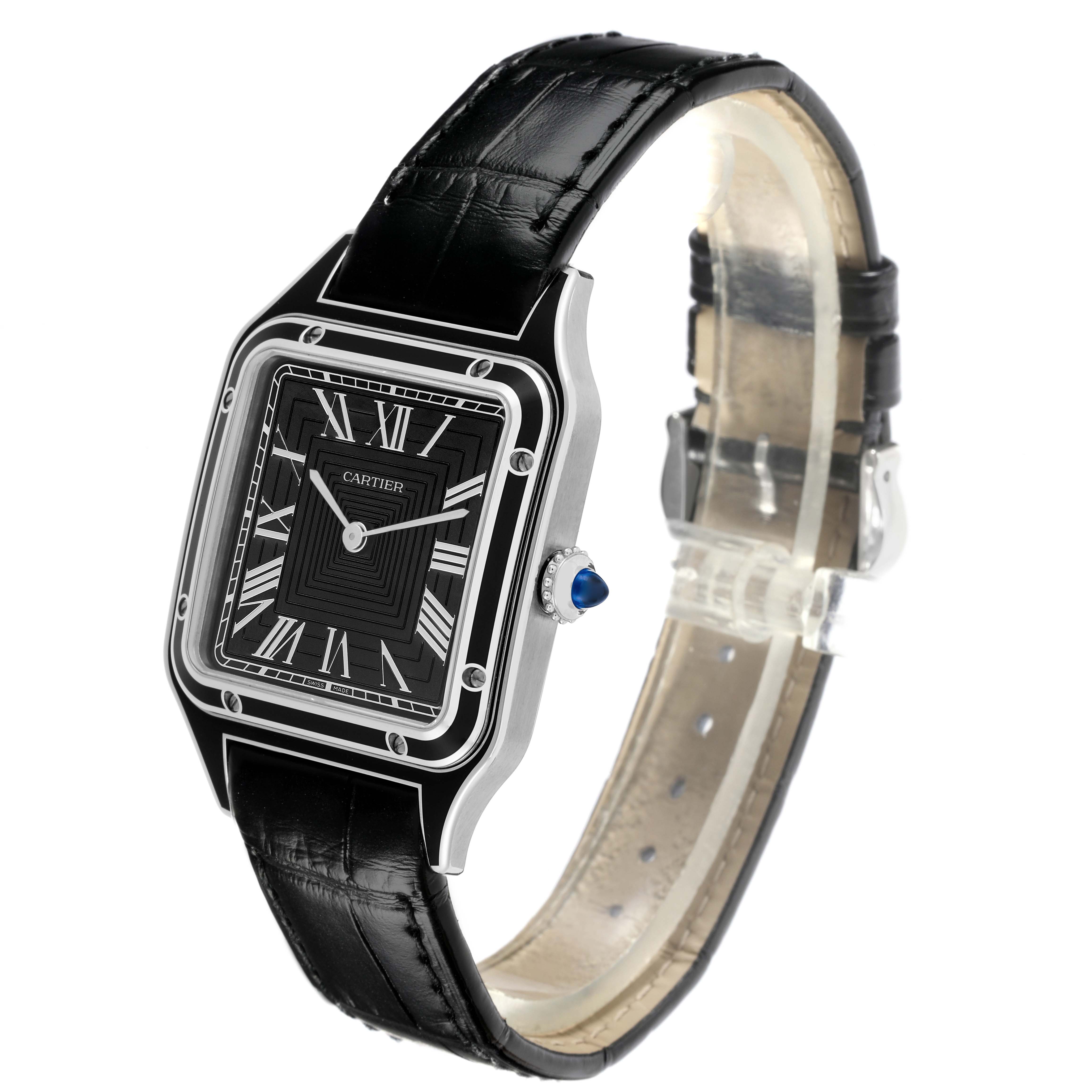 The image shows a Cartier Santos Dumont WSSA0046 Men's Stainless Steel Black Dial WSSA0046 Men's Stainless Steel Black Dial watch at a three-quarter angle, highlighting its black leather strap and black square dial.