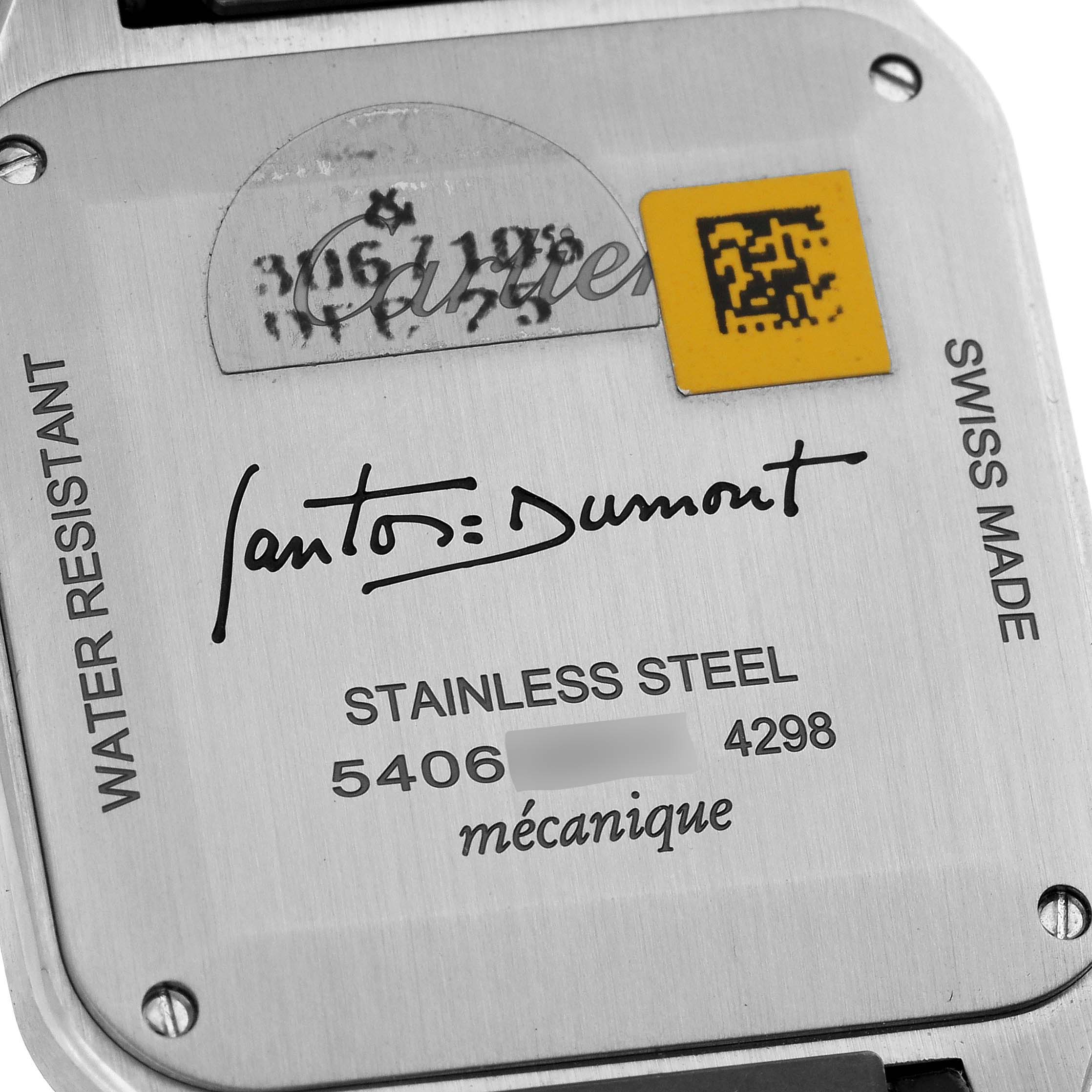 The image shows the back of a Cartier Santos Dumont WSSA0046 Men's Stainless Steel Black Dial WSSA0046 Men's Stainless Steel Black Dial watch with details like water resistance and material.