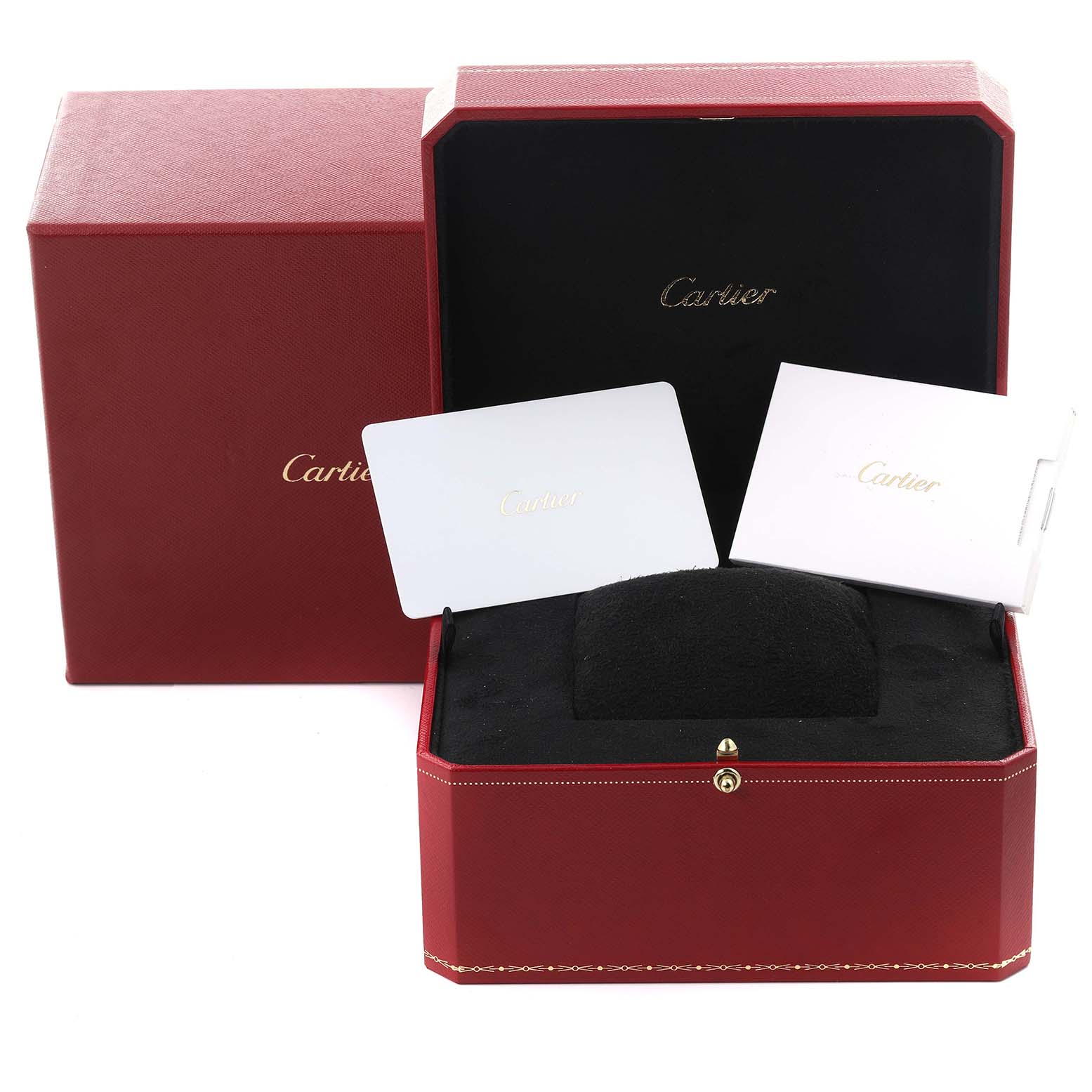 The image shows an open Cartier Santos Dumont WSSA0046 Men's Stainless Steel Black Dial WSSA0046 Men's Stainless Steel Black Dial watch box with a red exterior, containing certificates or manuals.