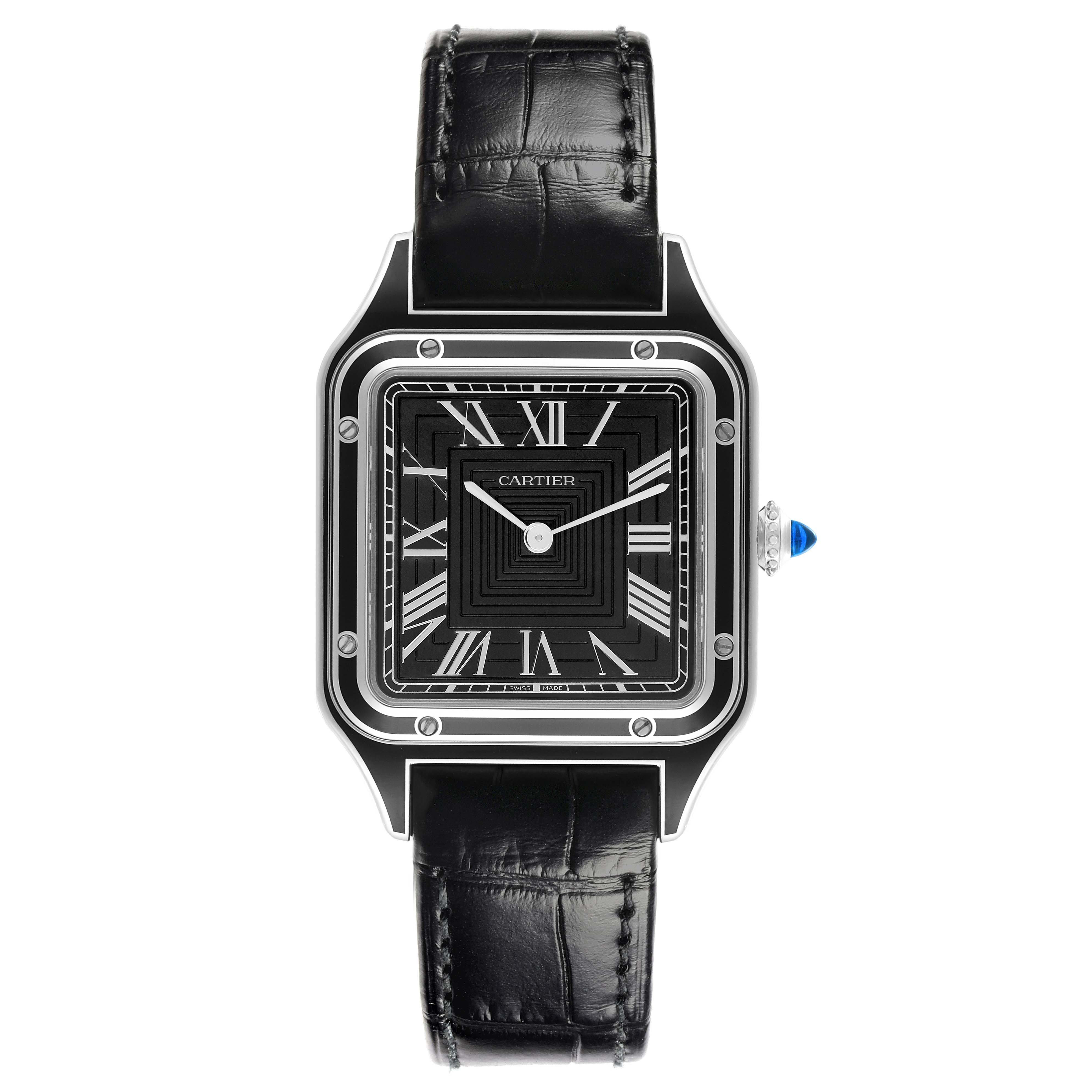 The Santos Dumont by Cartier is shown from the front, displaying its square face, Roman numerals, and leather strap.