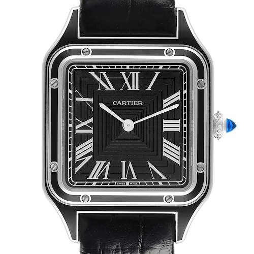 The Santos Dumont by Cartier is shown from a front angle, highlighting the watch face and crown.