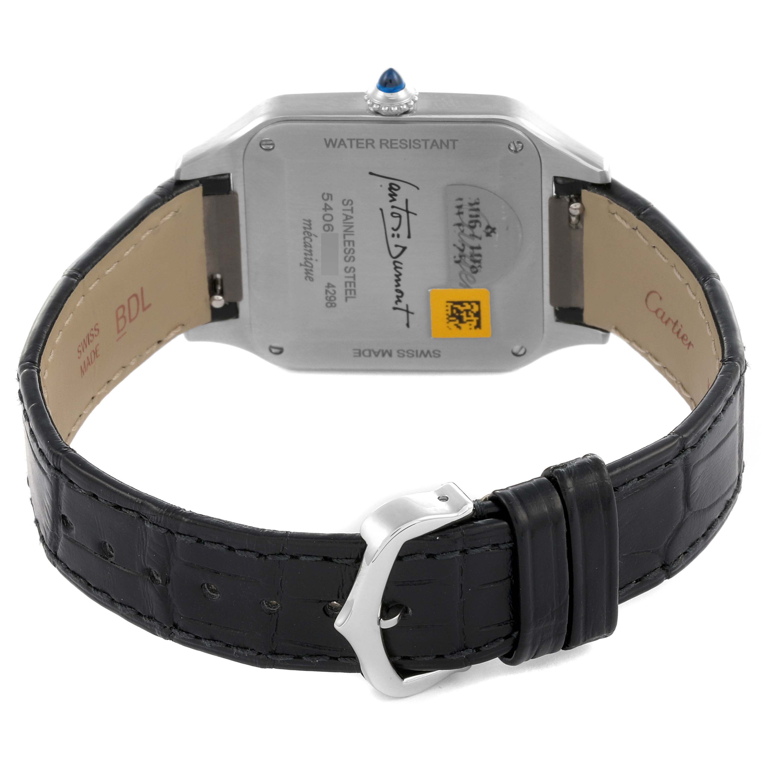 The image shows the back of the Cartier Santos Dumont WSSA0046 Men's Stainless Steel Black Dial WSSA0046 Men's Stainless Steel Black Dial watch, highlighting the case, strap, and clasp.