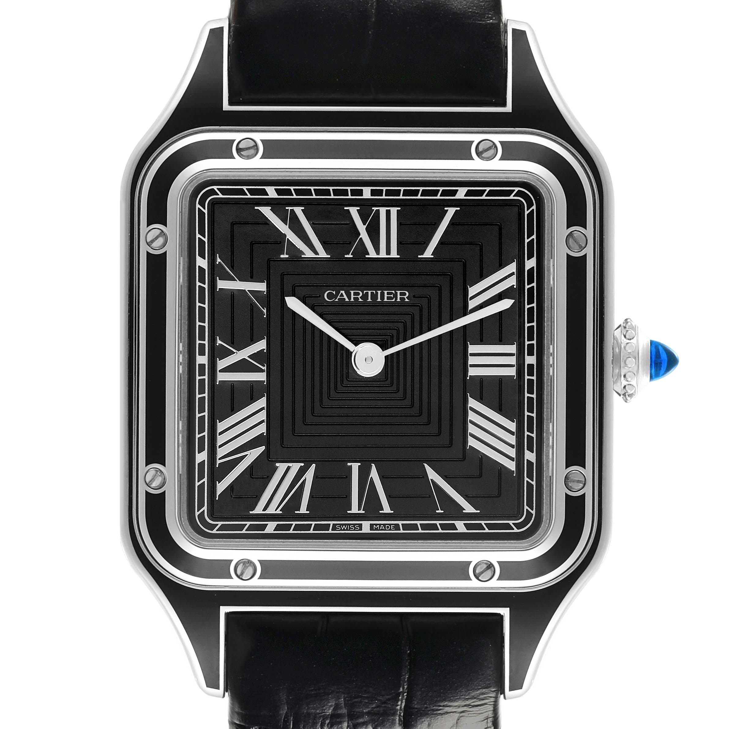 The image shows a front view of the Cartier Santos Dumont WSSA0046 Men's Stainless Steel Black Dial WSSA0046 Men's Stainless Steel Black Dial watch, highlighting the face, bezel, and strap.