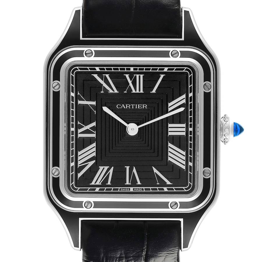 The image shows a front view of the Cartier Santos Dumont watch, highlighting the face, bezel, and strap.