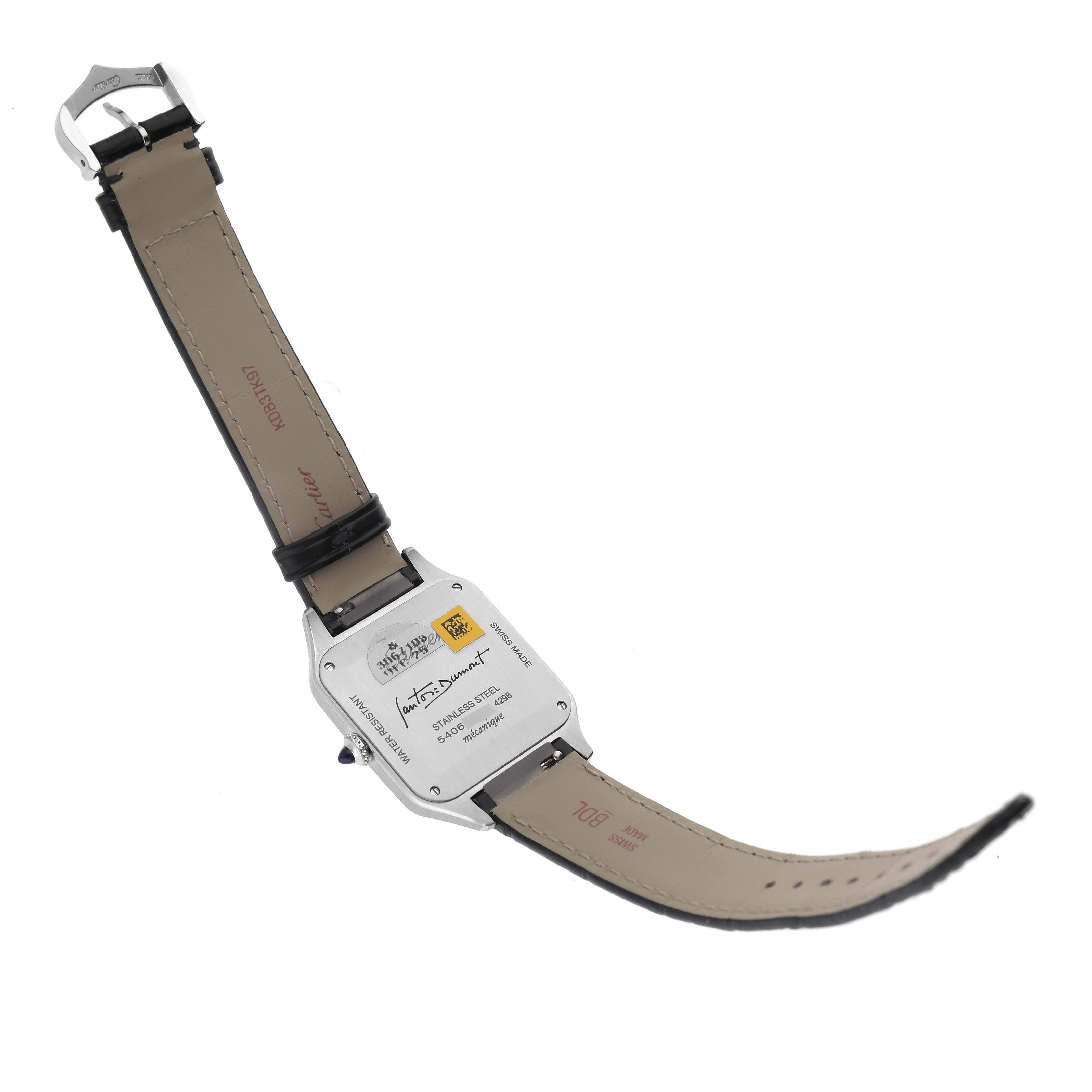 The image shows the back of the Cartier Santos Dumont WSSA0046 Men's Stainless Steel Black Dial WSSA0046 Men's Stainless Steel Black Dial watch, highlighting the caseback, strap, and buckle.