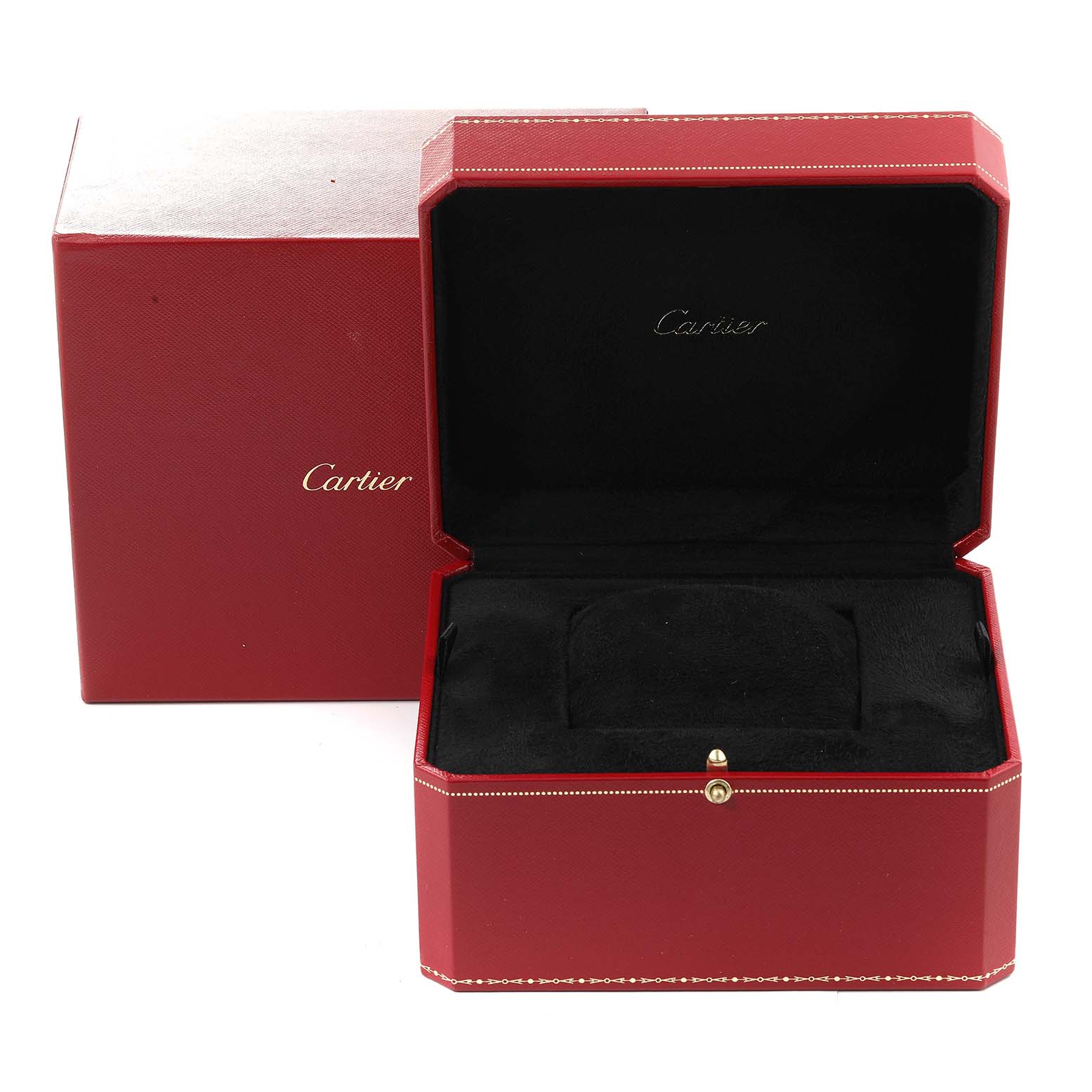 The image shows an open red Cartier Santos Dumont W2009251 Men's Rose Gold Silver Dial W2009251 Men's Rose Gold Silver Dial watch box alongside its matching outer box, both viewed from the front.