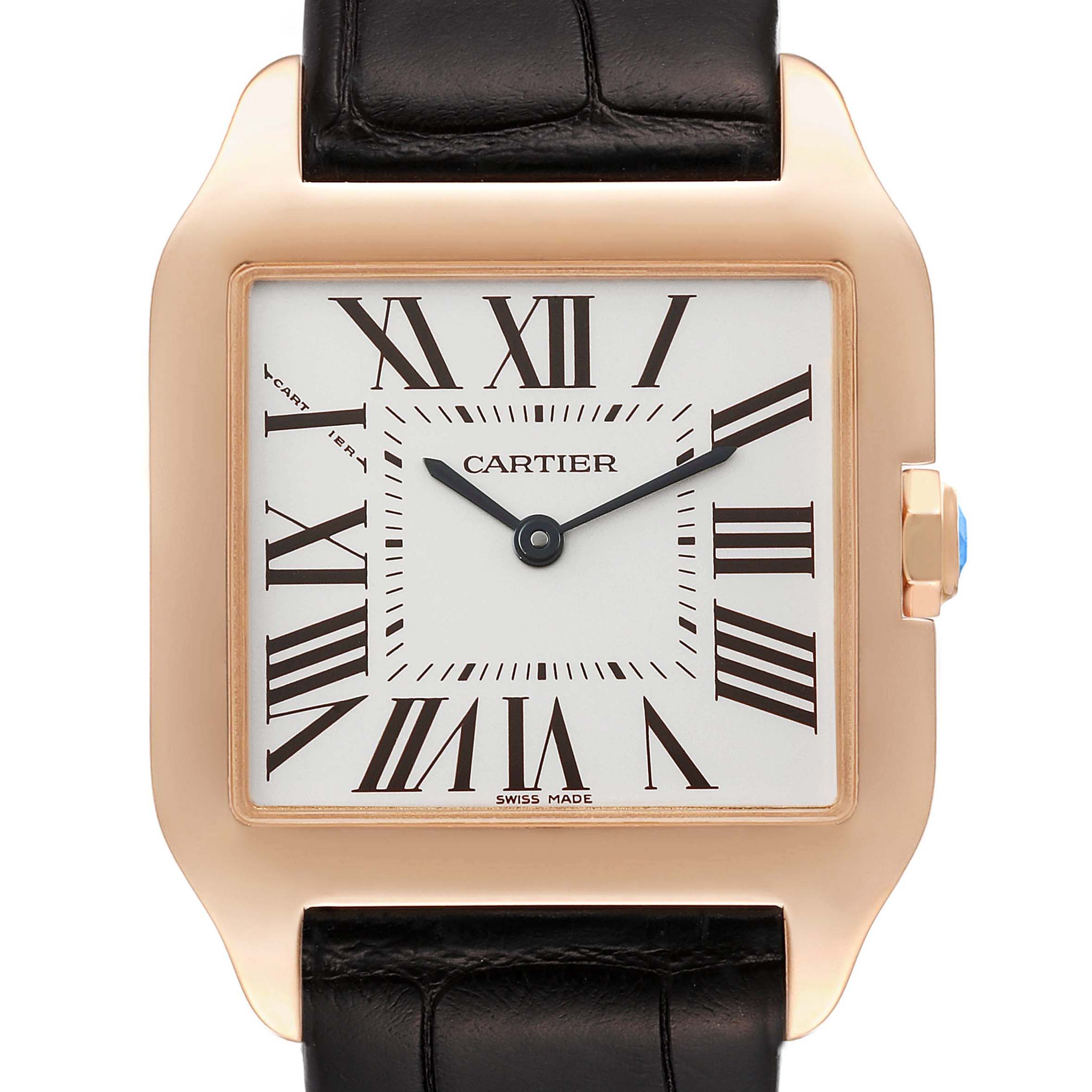 This image shows a Cartier Santos Dumont W2009251 Men's Rose Gold Silver Dial W2009251 Men's Rose Gold Silver Dial watch from a front angle, featuring the dial, case, and part of the leather strap.
