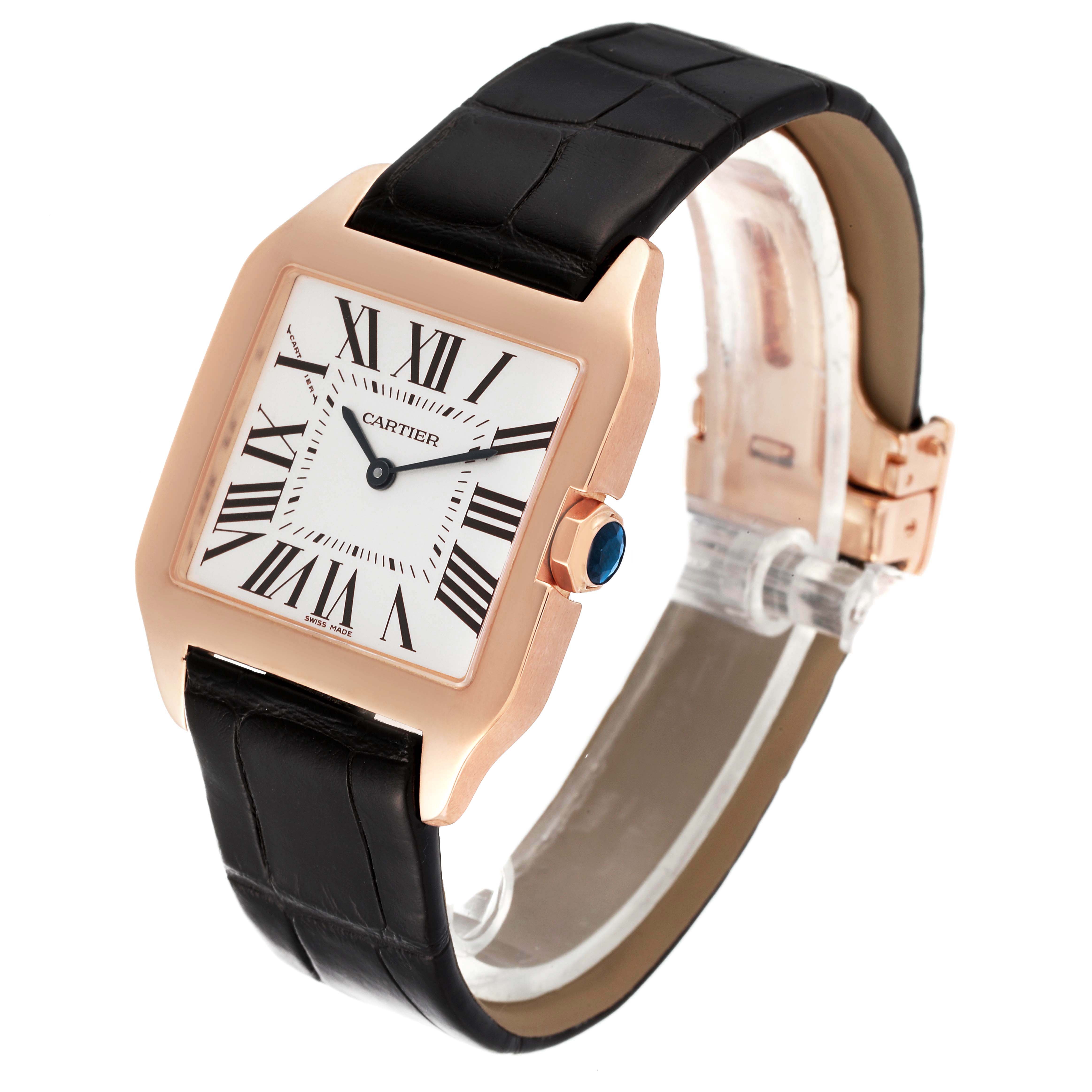 The Cartier Santos Dumont W2009251 Men's Rose Gold Silver Dial W2009251 Men's Rose Gold Silver Dial watch is shown at a three-quarter front angle, highlighting the face, crown, and black leather strap.