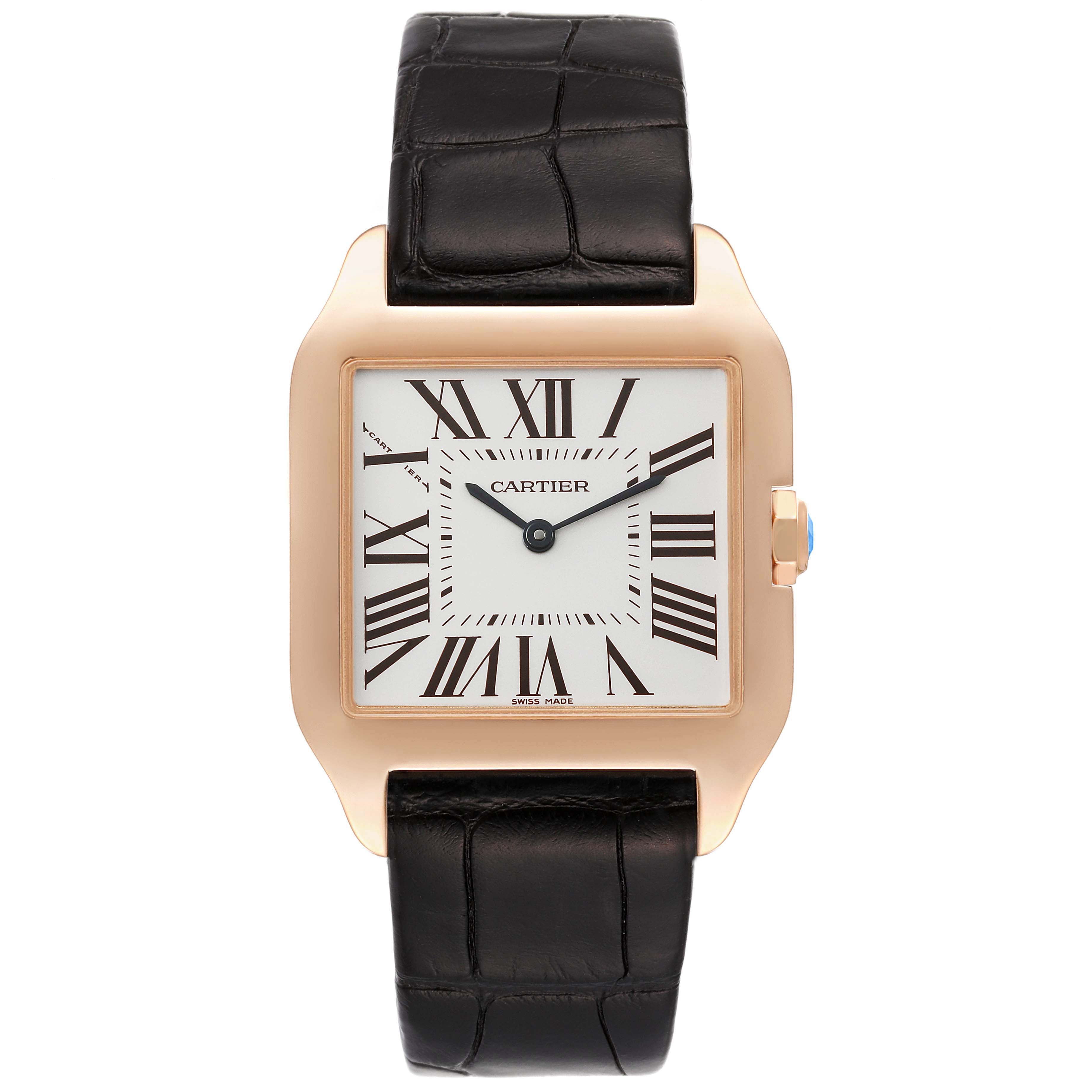 This image shows a frontal view of a Cartier Santos Dumont W2009251 Men's Rose Gold Silver Dial W2009251 Men's Rose Gold Silver Dial watch, highlighting its square face, Roman numerals, and leather strap.