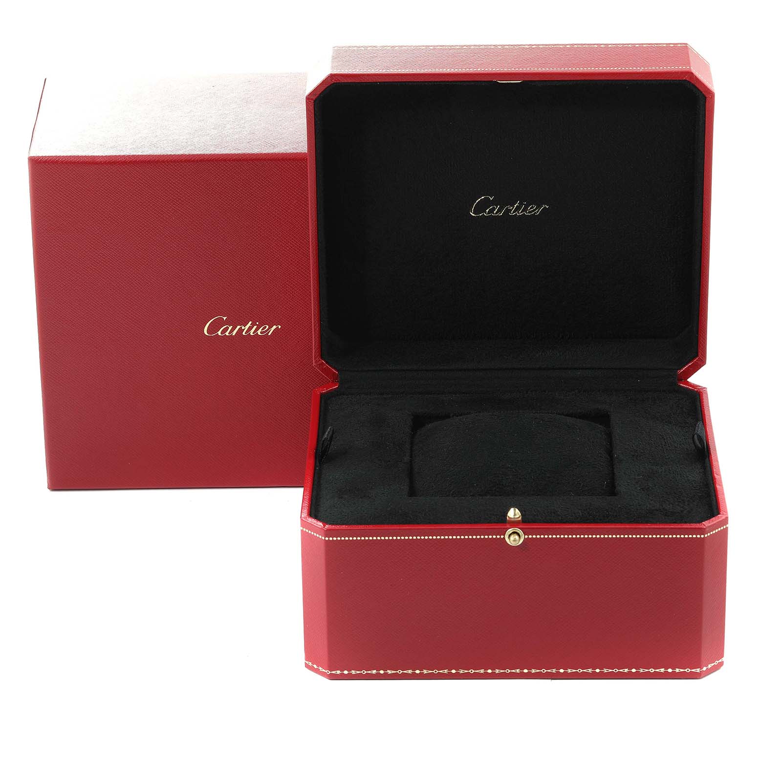 The image shows an open Cartier box, likely for the Tank Americaine model, displaying the interior cushion where the watch would be placed.