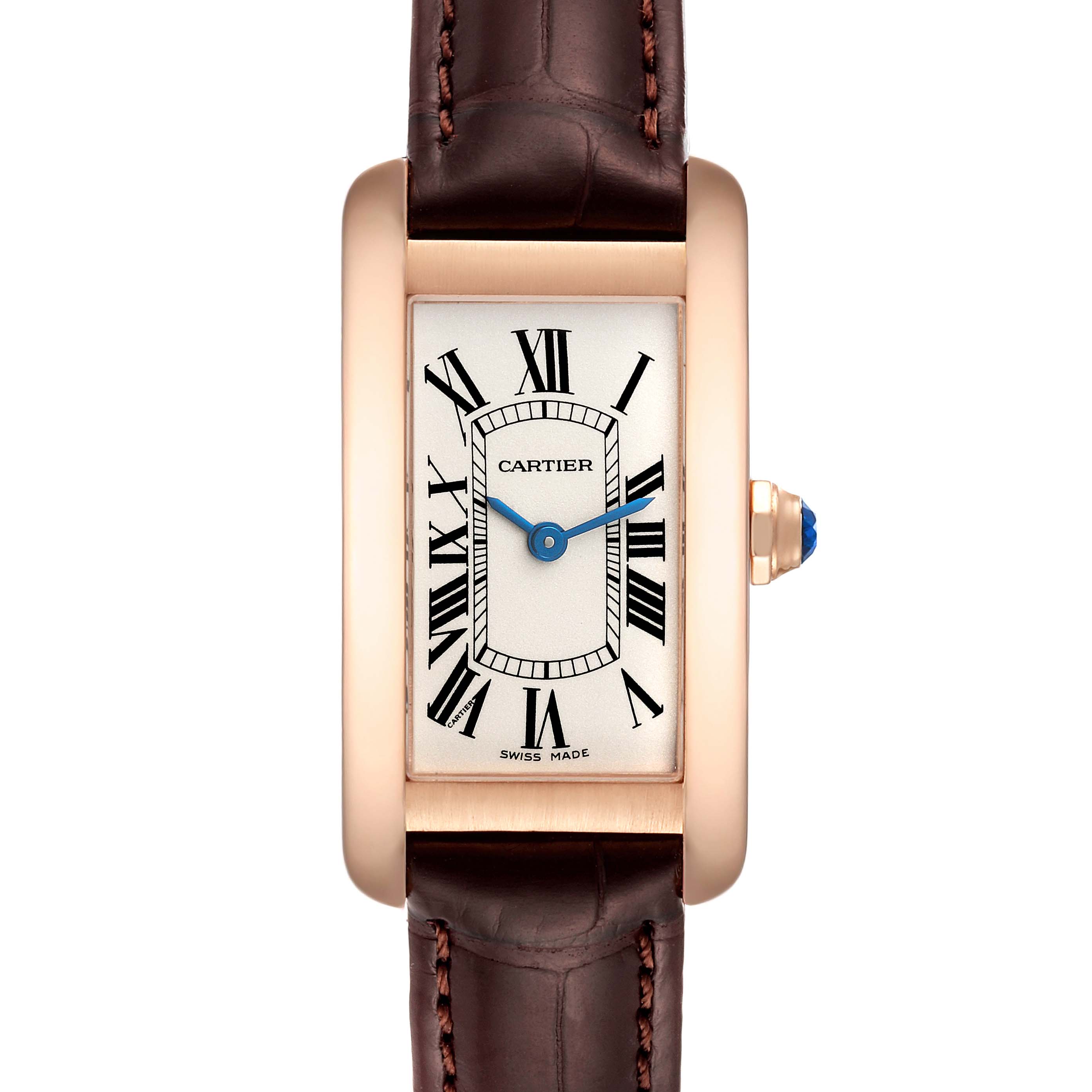 The image shows a front view of the Cartier Tank Américaine watch, highlighting its rectangular case, Roman numerals, and brown leather strap.