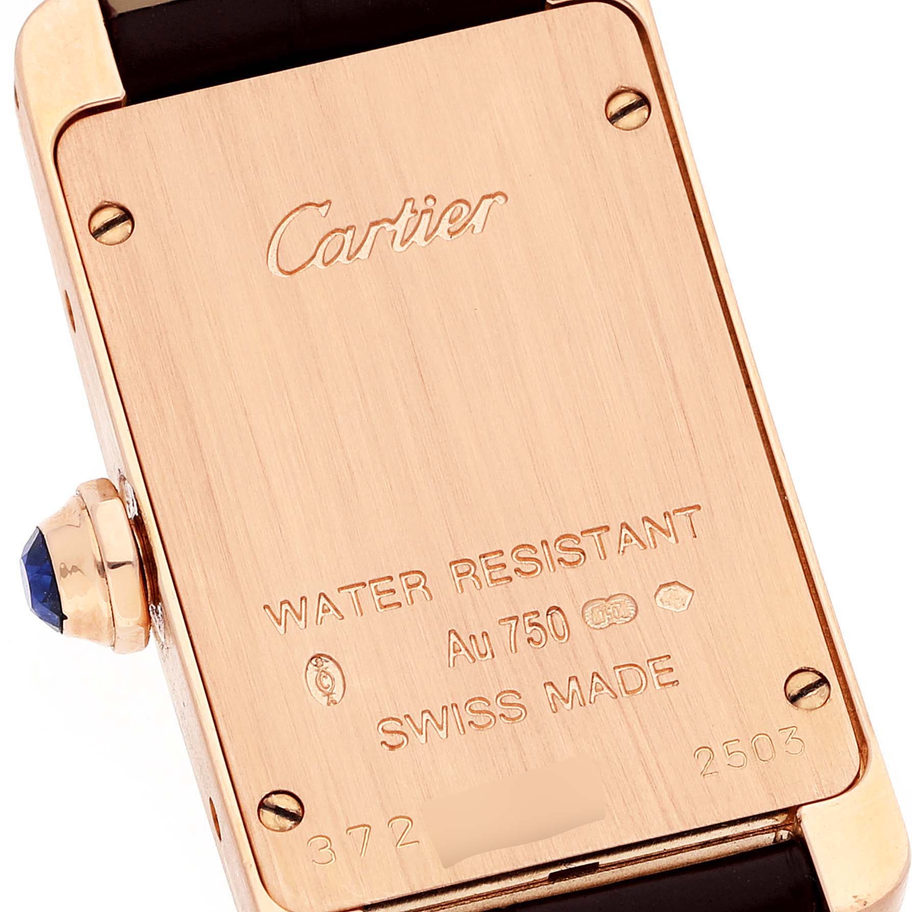 The image shows the back case of a Cartier Tank Americaine W2607456 Women
s Rose Gold Silver Dial W2607456 Women
s Rose Gold Silver Dial watch, displaying water resistance and material details.