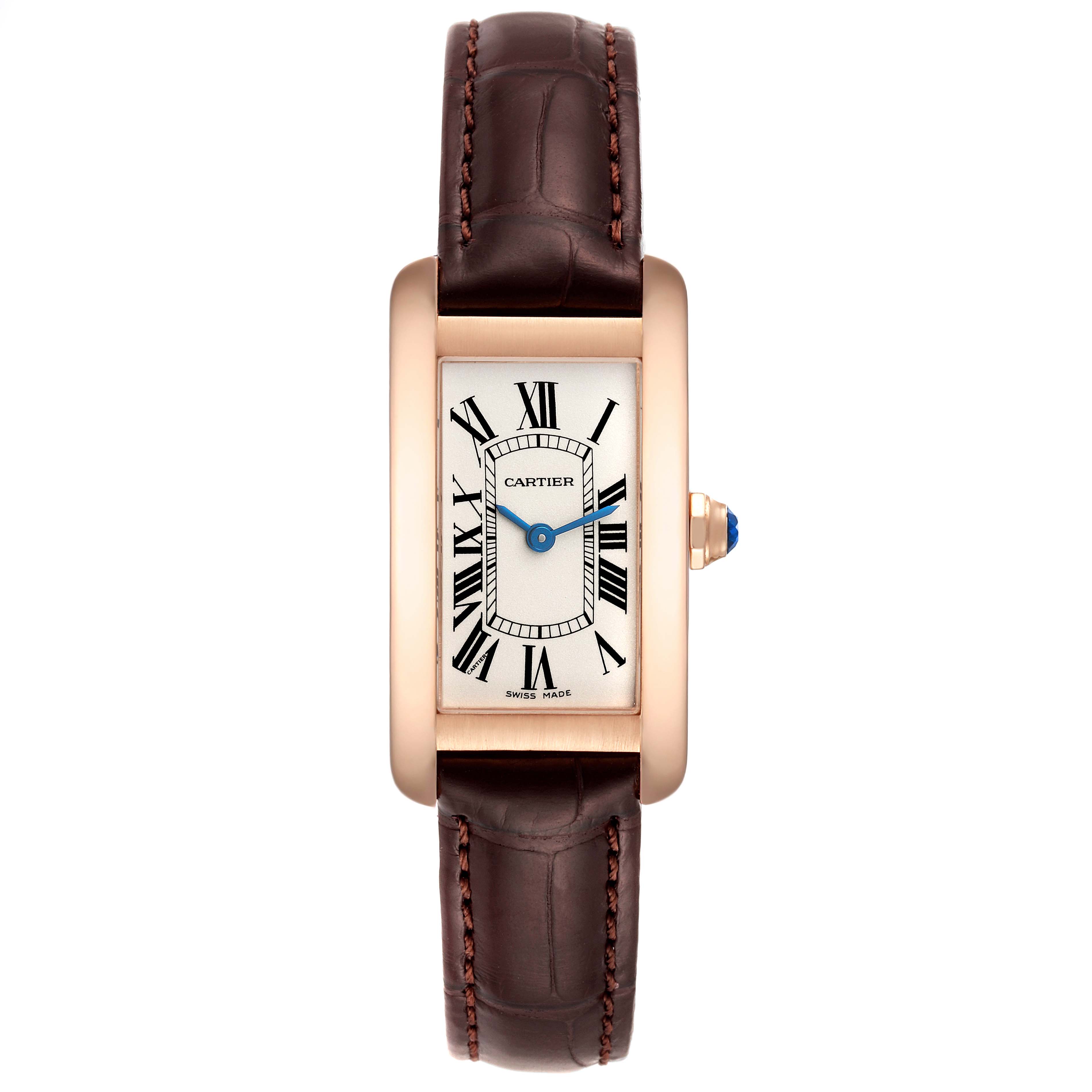 The image shows a top view of the Cartier Tank Americaine W2607456 Women
s Rose Gold Silver Dial W2607456 Women
s Rose Gold Silver Dial watch featuring a brown leather strap, rectangular dial, and Roman numerals.