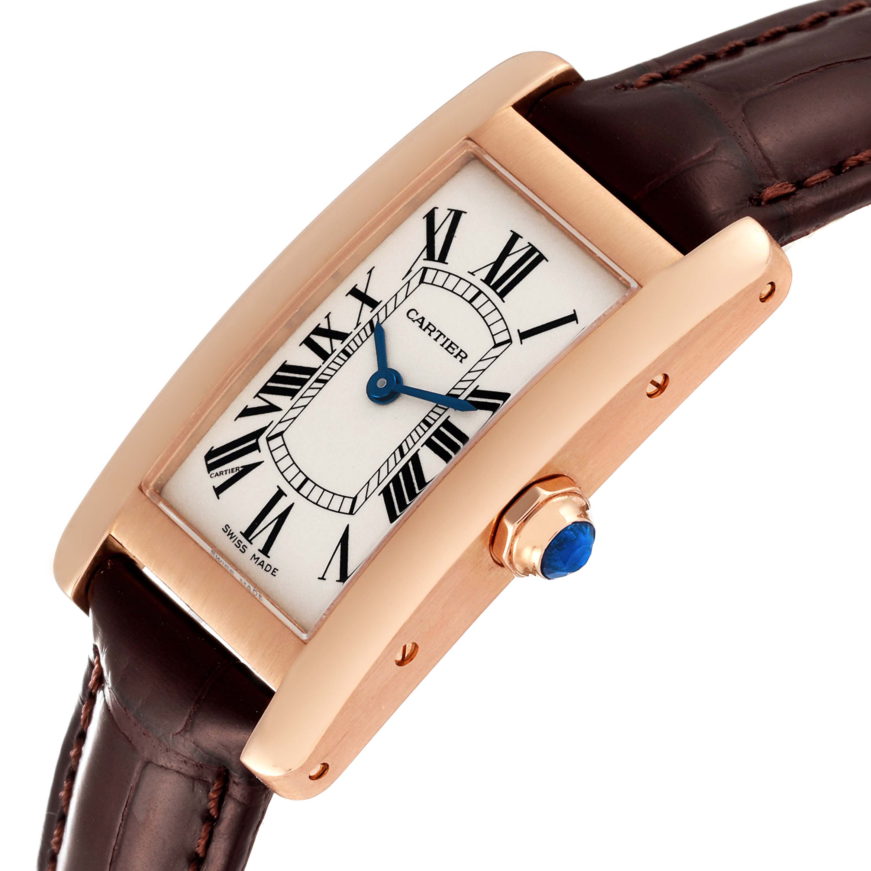 This image shows a close-up side angle of the Cartier Tank Américaine watch, highlighting its face, crown, and leather strap.