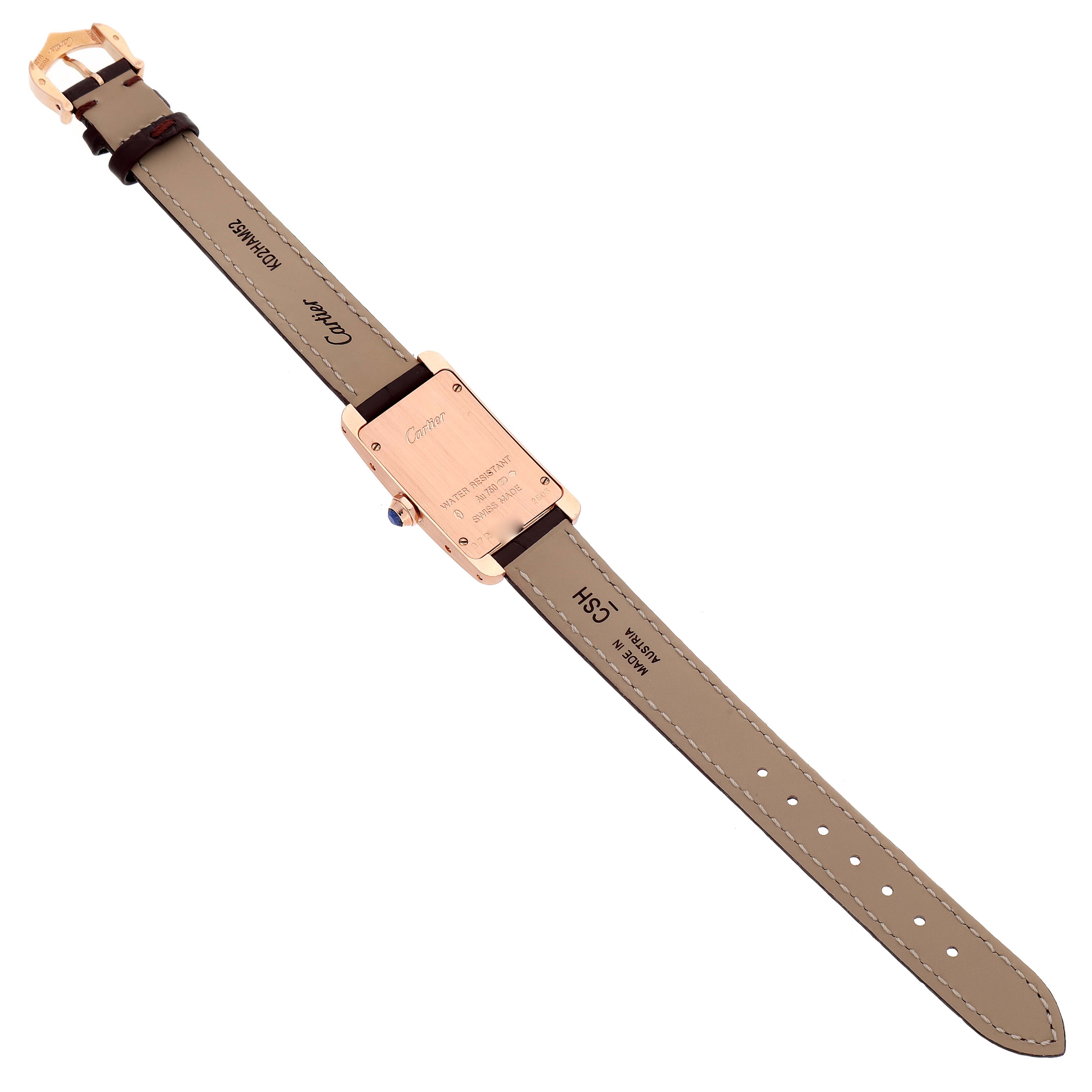 The image shows the back view of a Cartier Tank Americaine W2607456 Women
s Rose Gold Silver Dial W2607456 Women
s Rose Gold Silver Dial watch, including the case back and full leather strap.