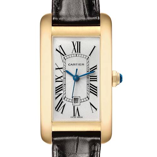The Cartier Tank Americaine W2603556 Men's Yellow Gold Silver Dial watch is shown from the front, highlighting its rectangular face, Roman numerals, and leather strap.
