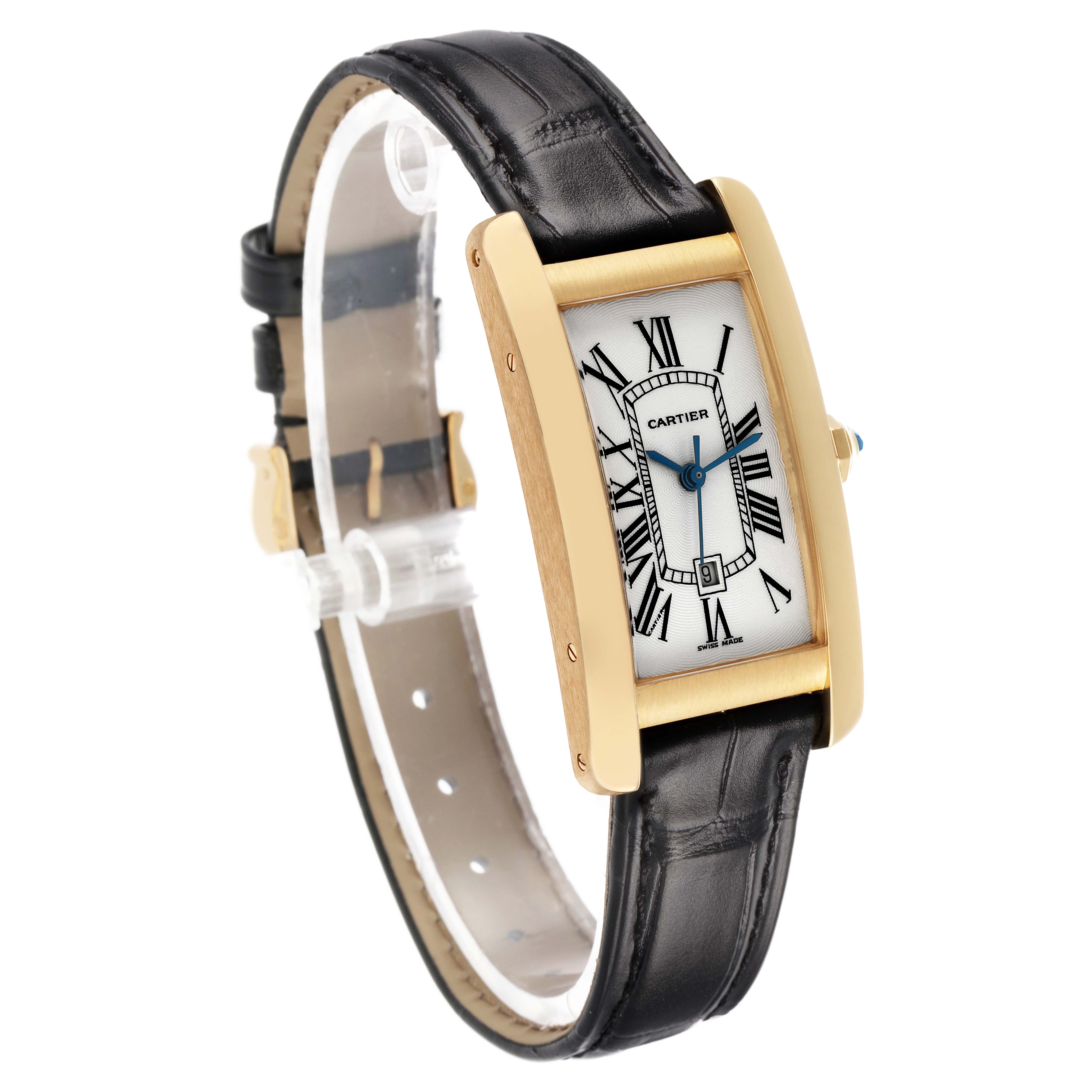 The Cartier Tank Américaine watch is shown at a slight angle, highlighting its rectangular face, leather strap, and gold case.