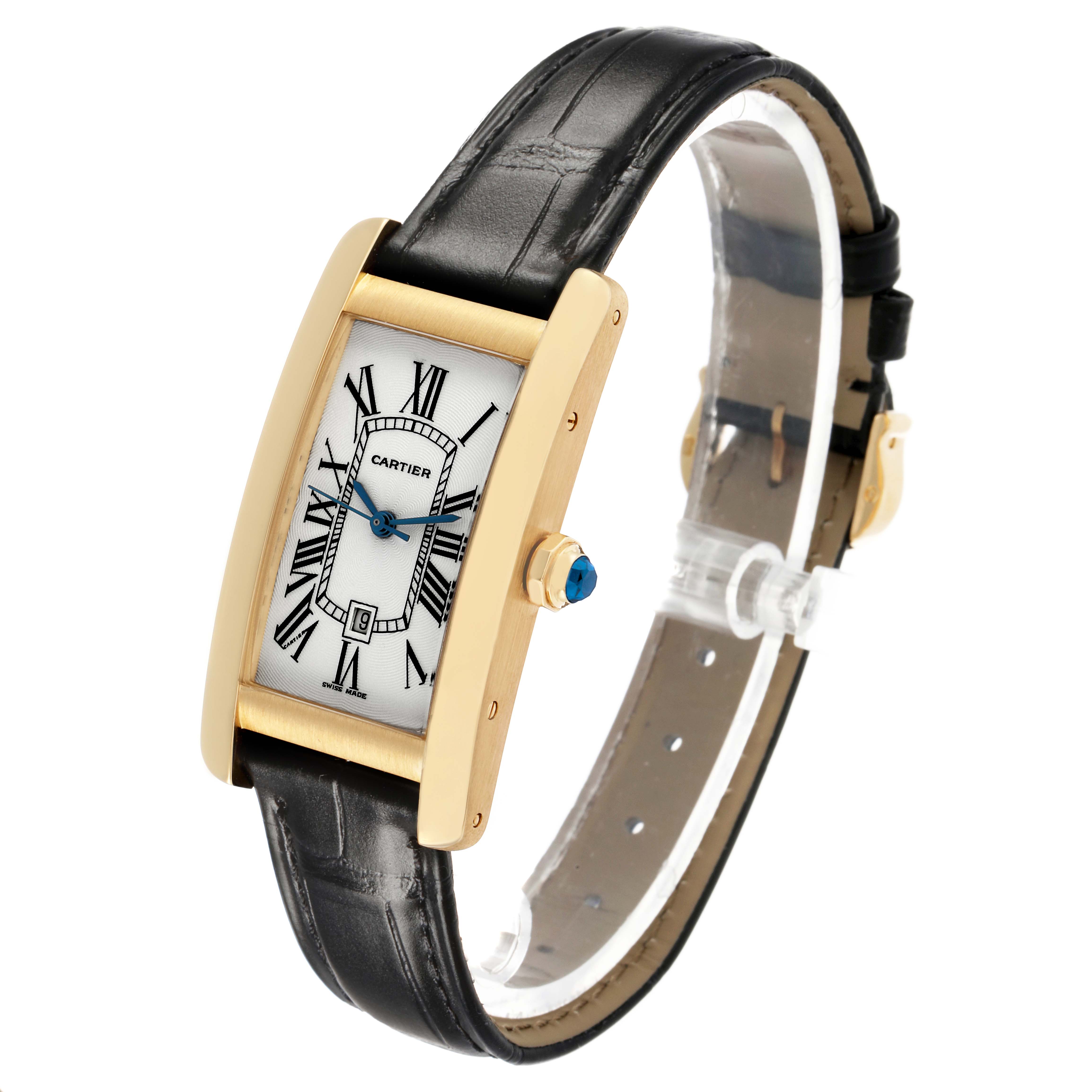 The Cartier Tank Americaine W2603556 Men's Yellow Gold Silver Dial watch is shown at a three-quarter angle, displaying its face, gold rectangular case, and black leather strap.