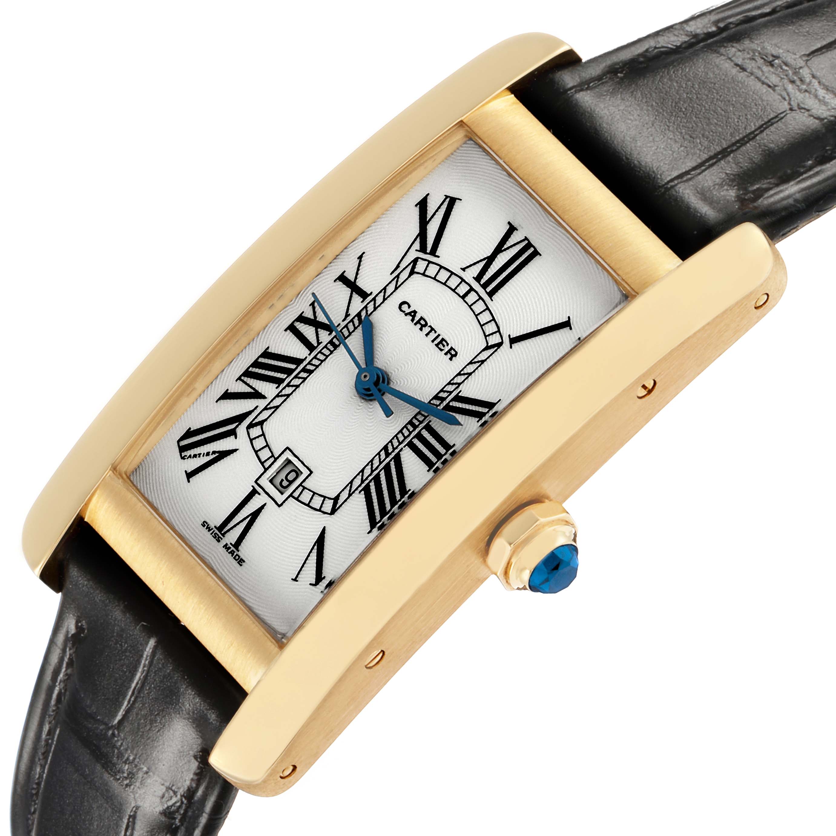 The Cartier Tank Americaine W2603556 Men's Yellow Gold Silver Dial watch is shown at an angled side view, highlighting the rectangular face, Roman numerals, and the crown with a blue gem.