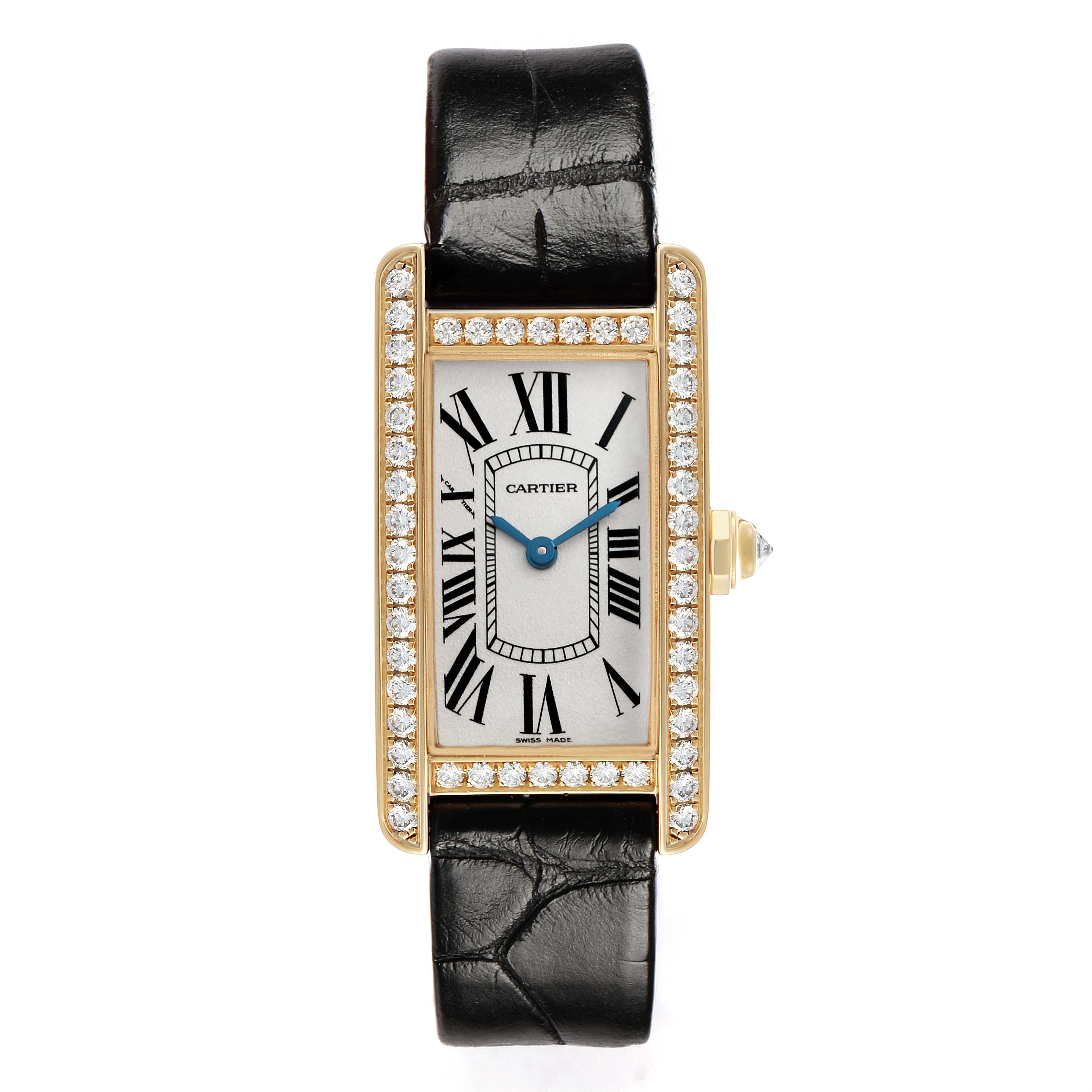 The Cartier Tank Americaine WB707231 Women's Yellow Gold Silver Dial watch is shown from a top-down angle, highlighting its rectangular face, diamond bezel, and leather strap.