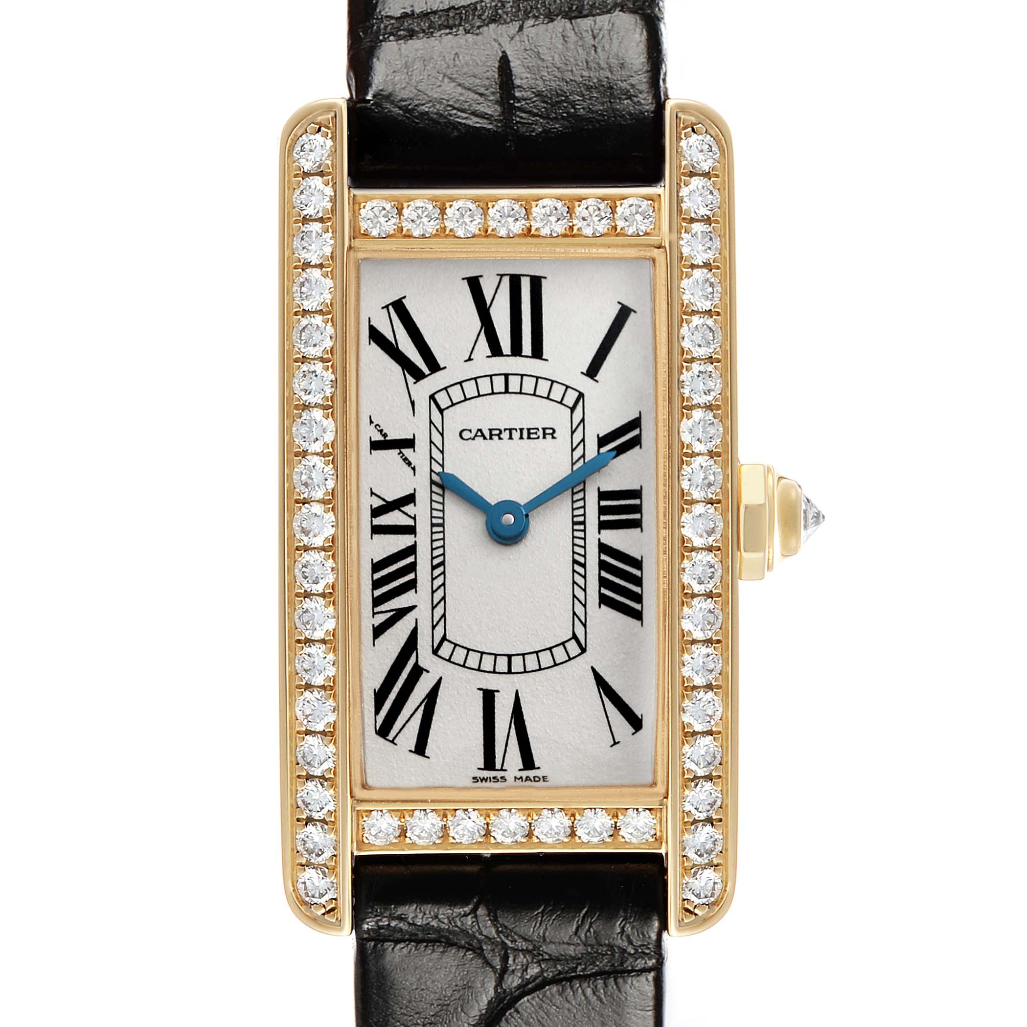 The Cartier Tank Americaine WB707231 Women's Yellow Gold Silver Dial watch is shown front-facing with a gold and diamond bezel, blue hands, and a black leather strap.