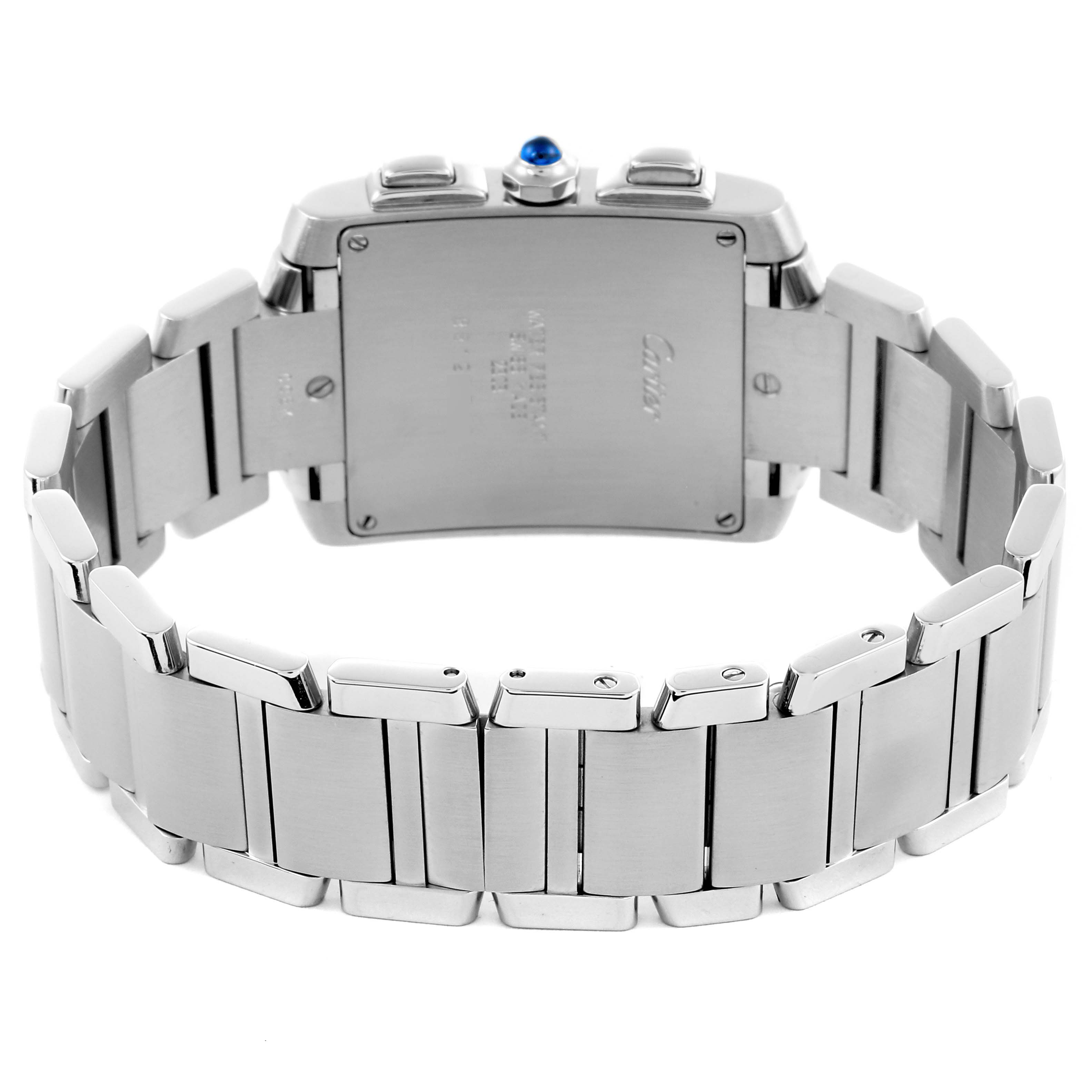 The image shows the back view of a Cartier Tank Francaise W51001Q3 Men
s Stainless Steel Silver Dial W51001Q3 Men
s Stainless Steel Silver Dial, highlighting the bracelet and case back.