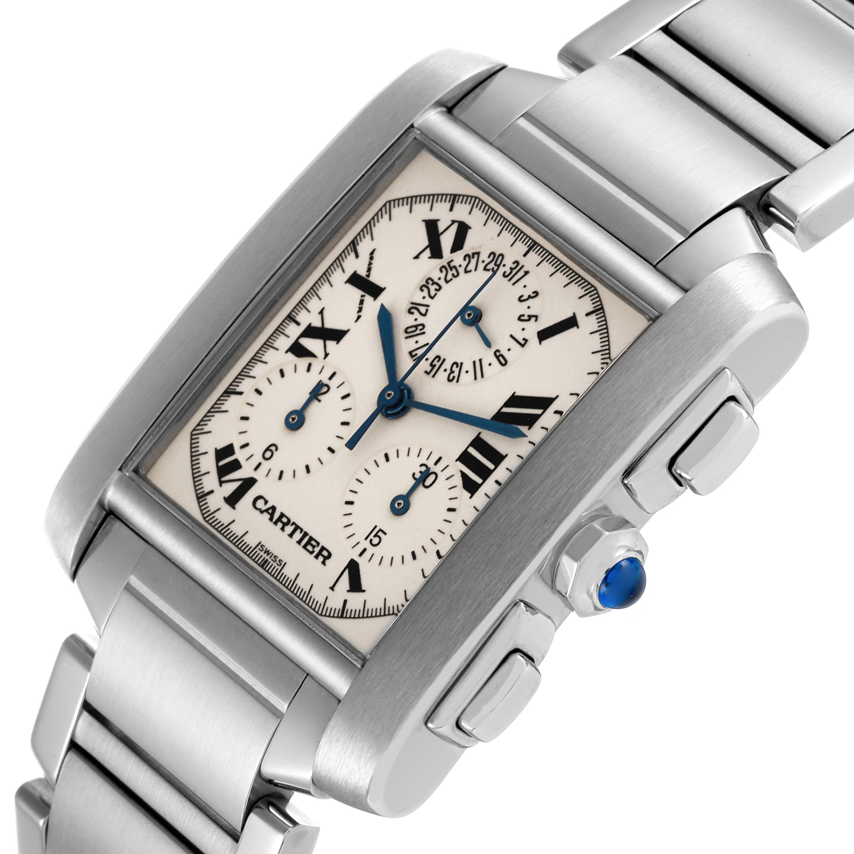 The Cartier Tank Française watch is shown from a tilted angle highlighting the face, bracelet, and crown with blue cabochon.