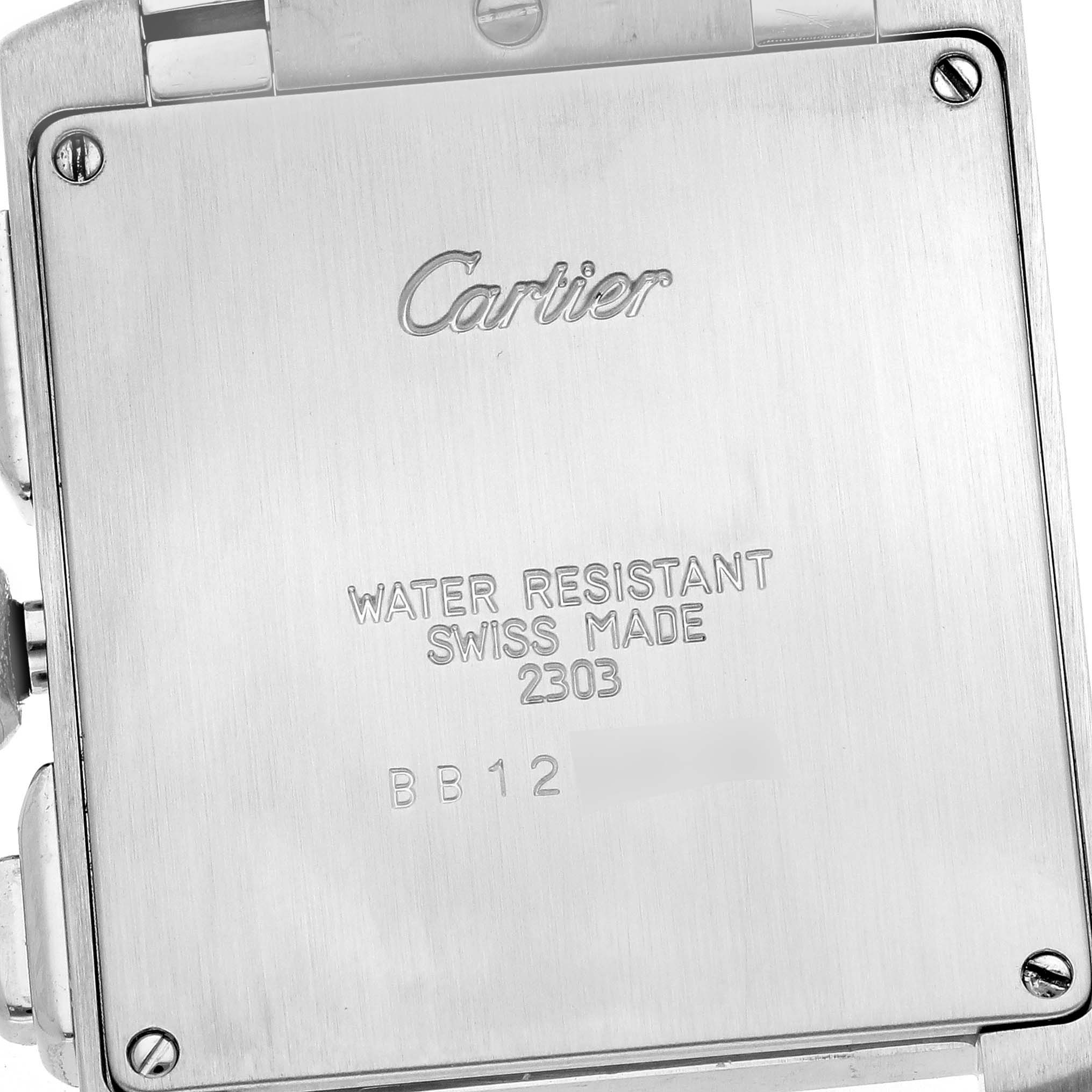The image shows the back case of a Cartier Tank Francaise W51001Q3 Men
s Stainless Steel Silver Dial W51001Q3 Men
s Stainless Steel Silver Dial watch, displaying its branding and water resistance details.