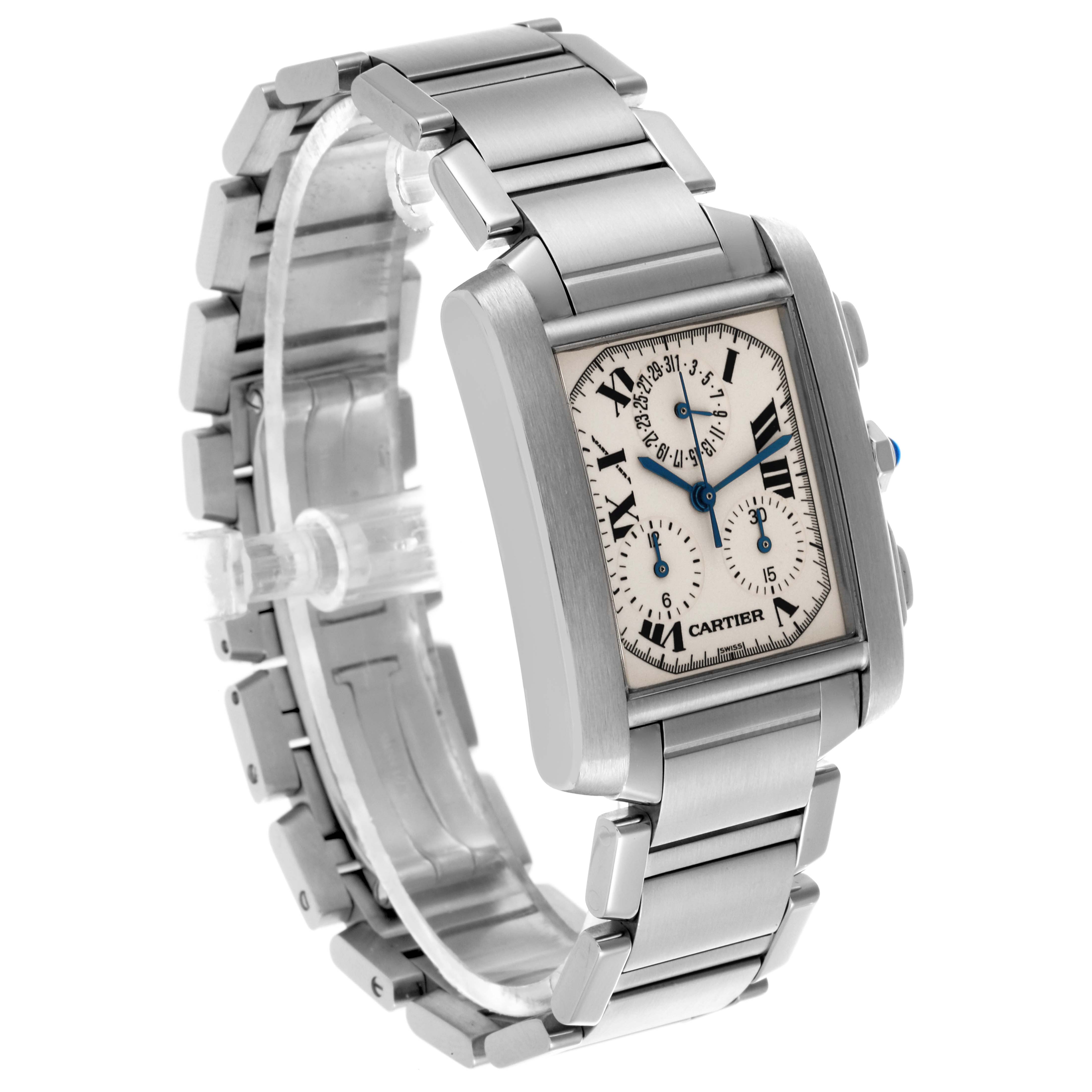 The Cartier Tank Francaise W51001Q3 Men
s Stainless Steel Silver Dial W51001Q3 Men
s Stainless Steel Silver Dial watch is shown at a slight angle, displaying the face, bracelet, and side chronograph buttons.