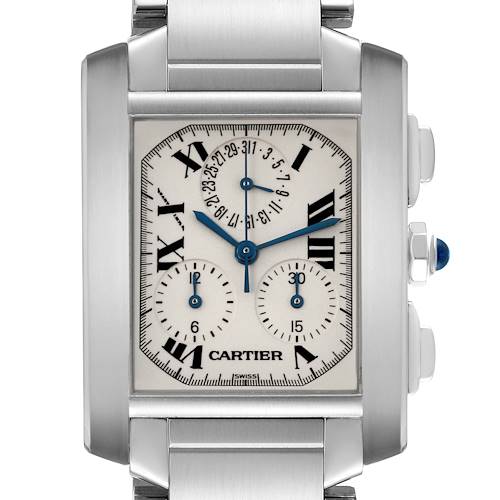 The Cartier Tank Francaise watch is shown from the front, highlighting the dial, Roman numerals, and side pushers.