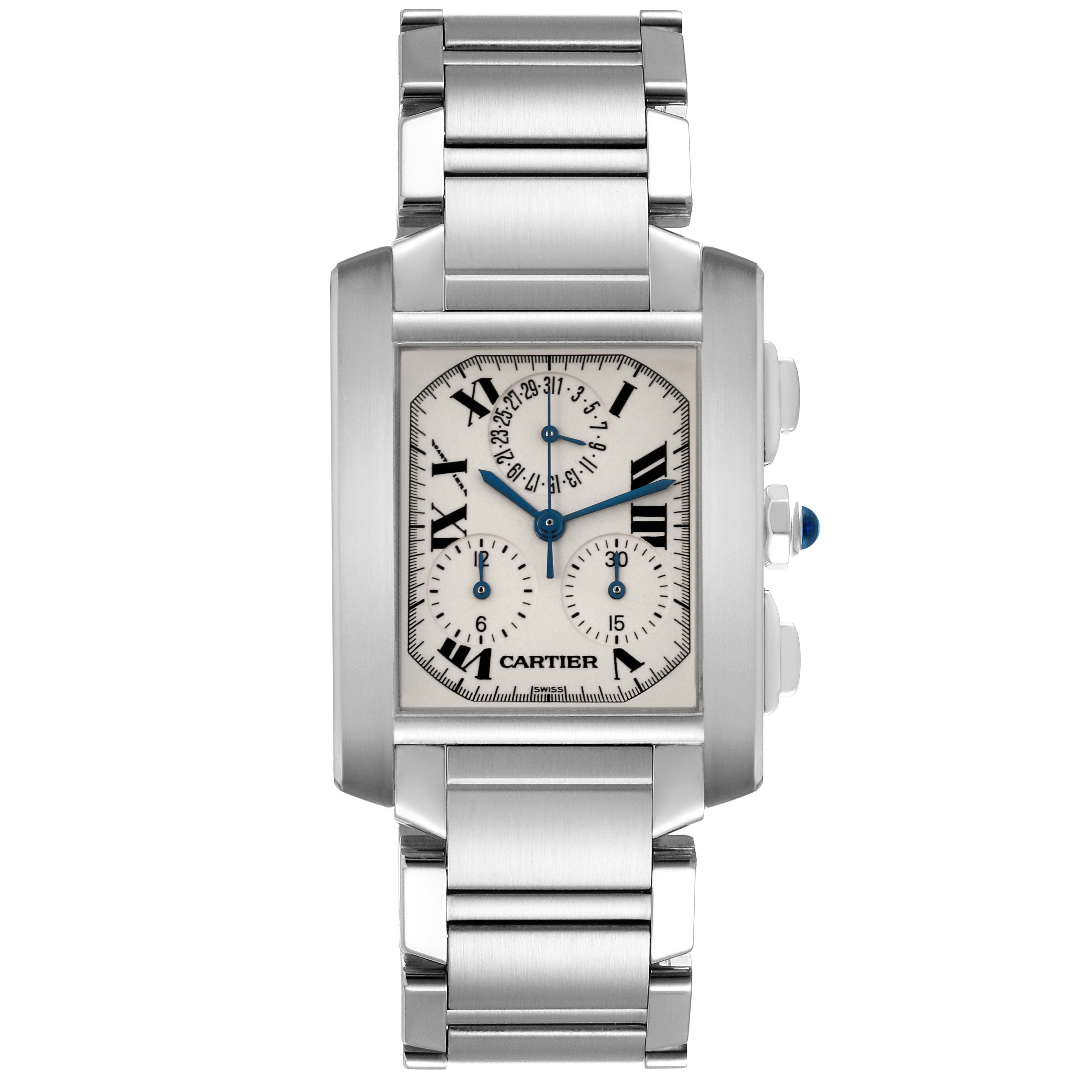 The Cartier Tank Française watch is shown from a front angle, displaying its face and stainless steel bracelet.