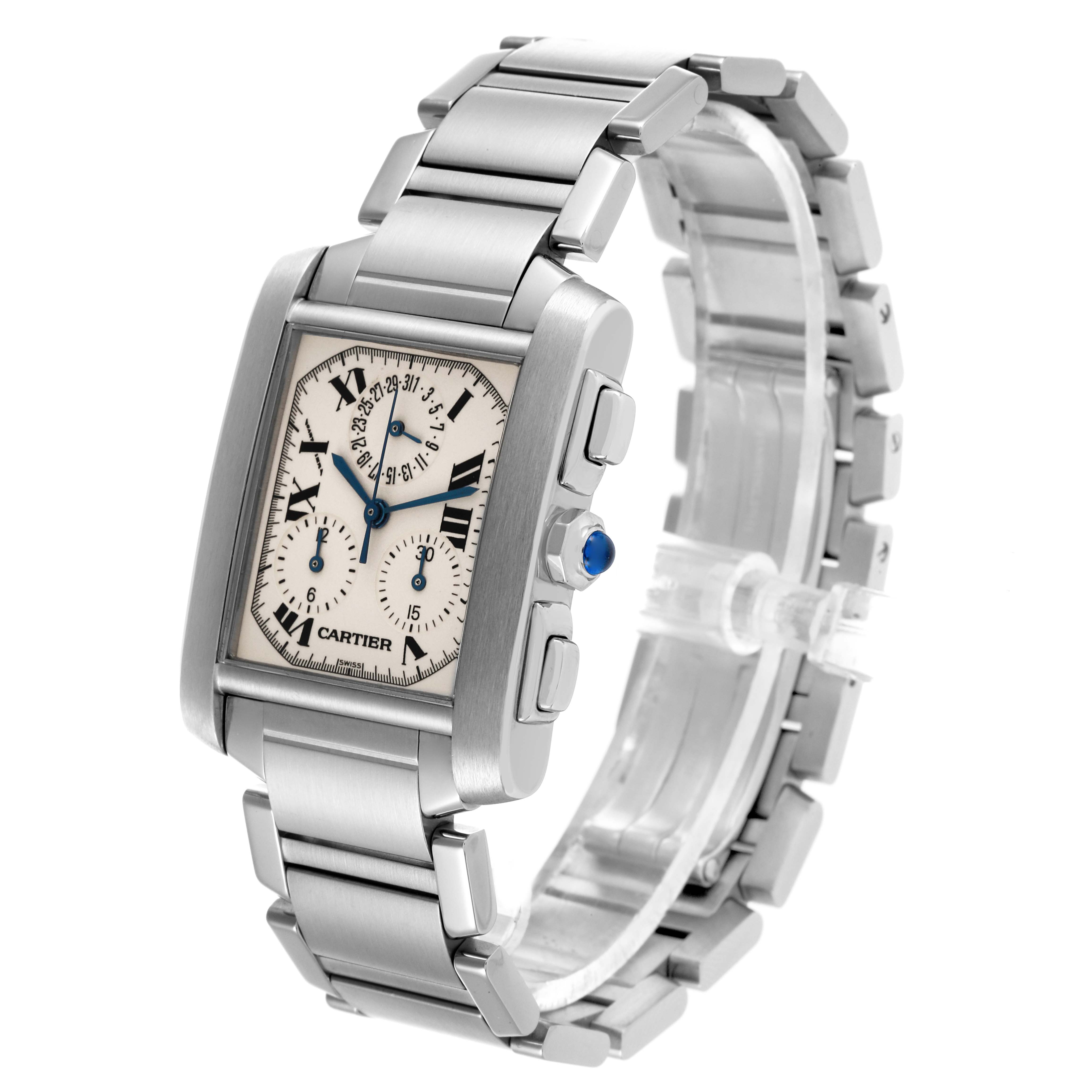 The Cartier Tank Francaise W51001Q3 Men
s Stainless Steel Silver Dial W51001Q3 Men
s Stainless Steel Silver Dial watch is shown at a diagonal angle, displaying the face, bracelet, and crown with the blue cabochon.