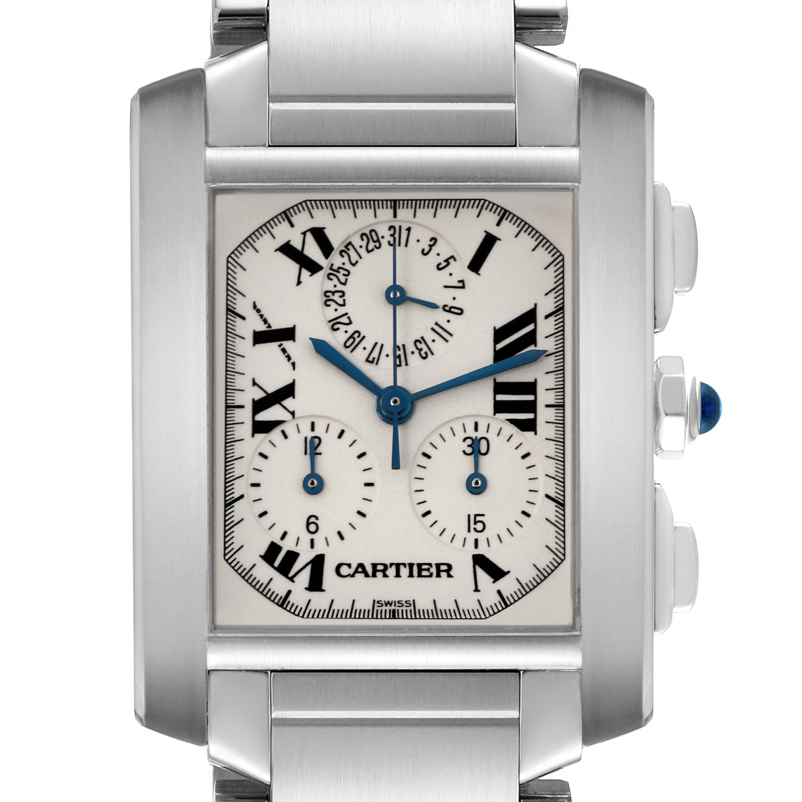 The Cartier Tank Française watch is shown from the front, displaying the face, dial, and side buttons.