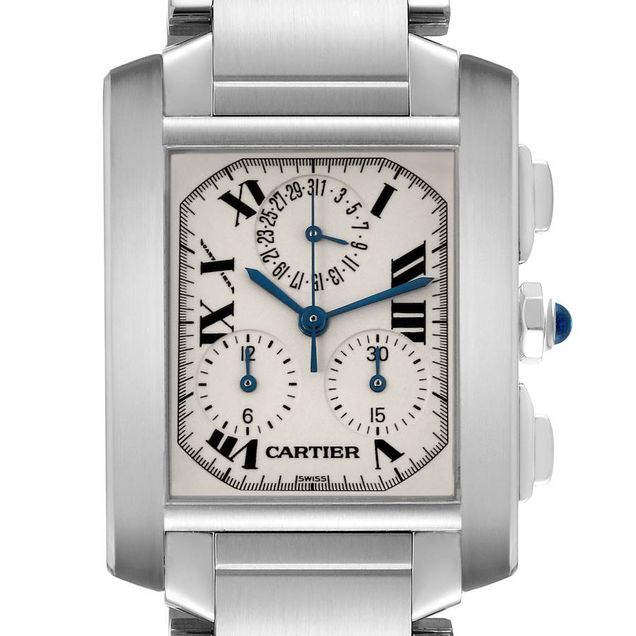 The Cartier Tank Française watch is shown from the front, displaying the face, dial, and side buttons.