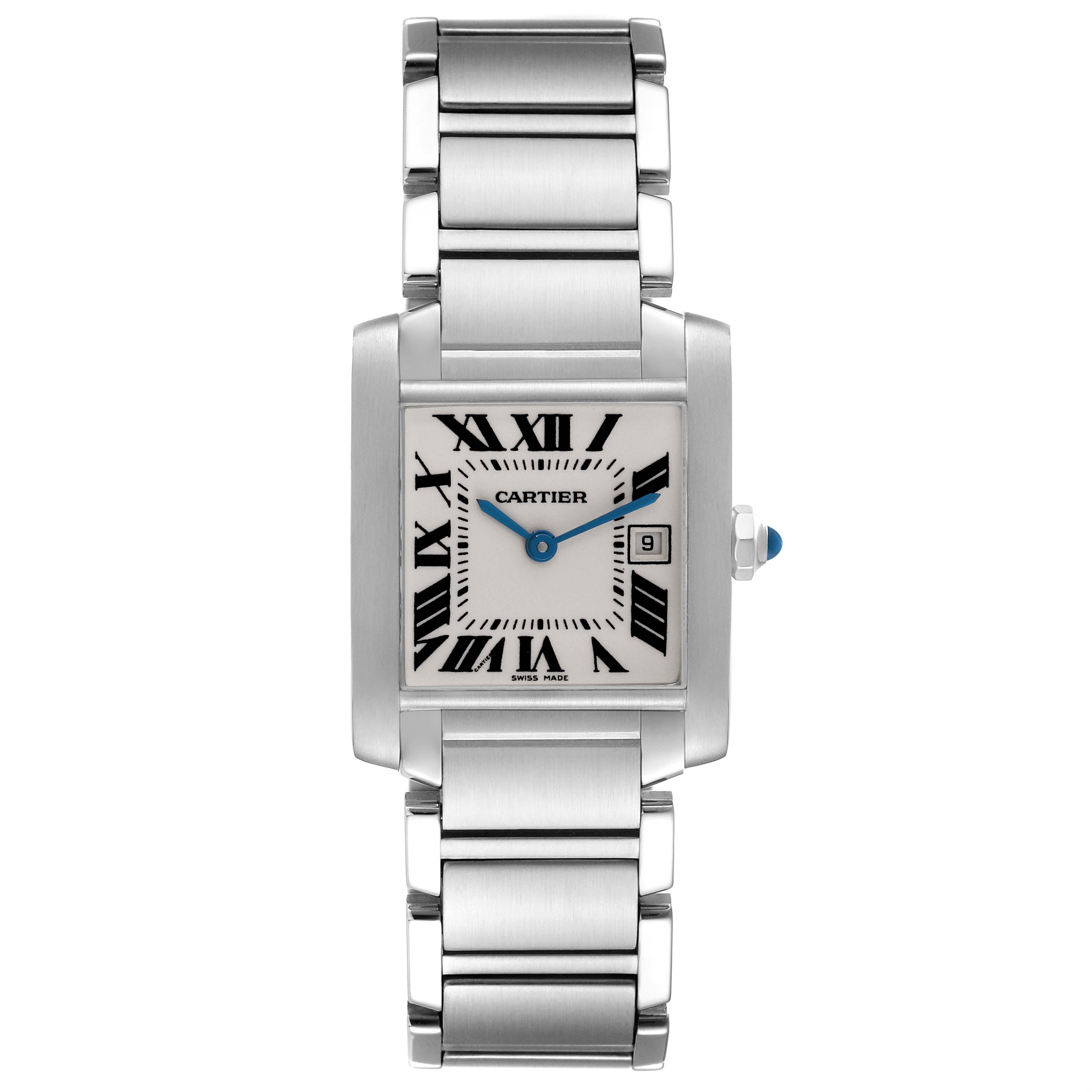 The image shows a front angle of a Cartier Tank Française watch, displaying its rectangular face and metal bracelet.
