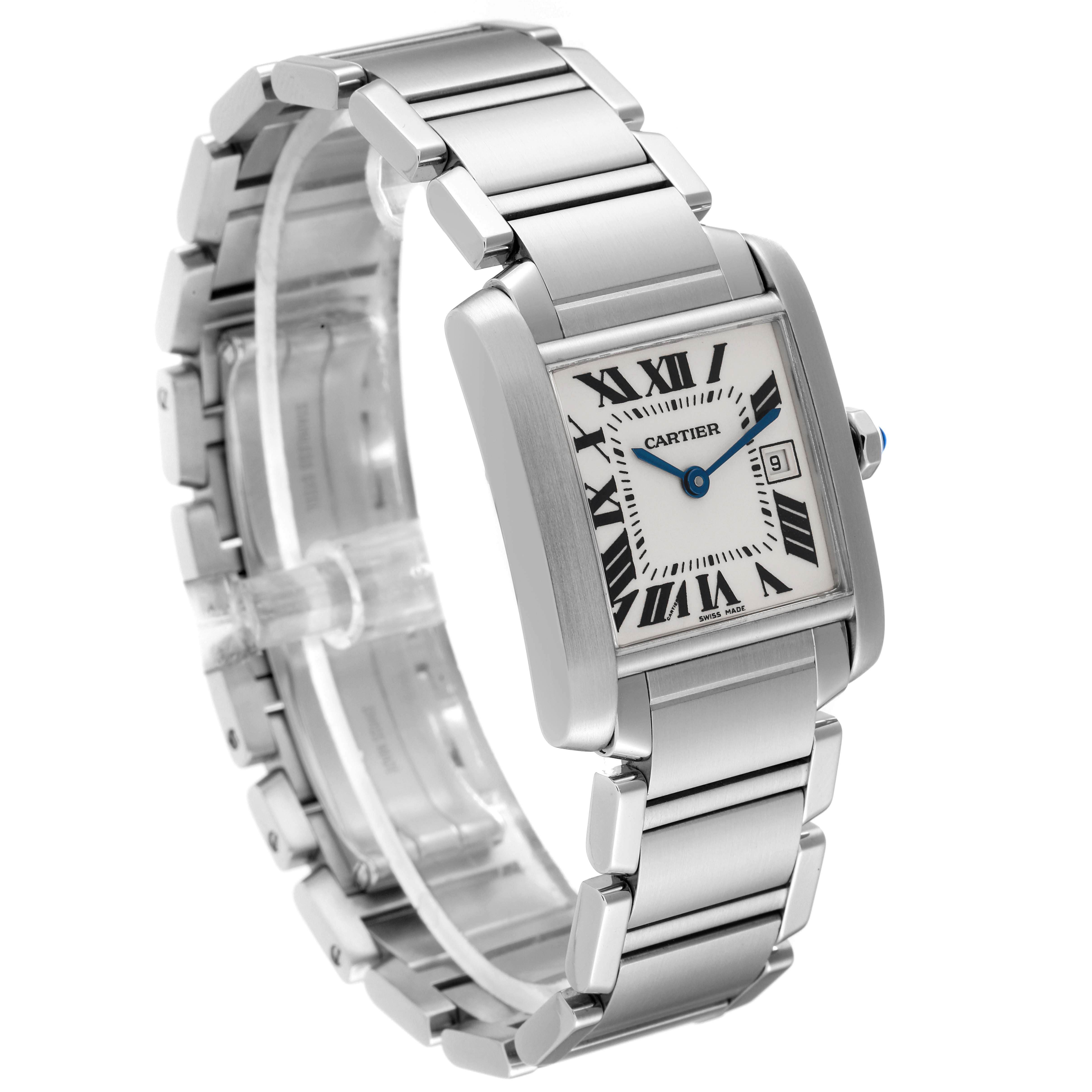 The image shows a Cartier Tank Francaise W51011Q3 Women
s Stainless Steel Silver Dial W51011Q3 Women
s Stainless Steel Silver Dial watch angled to display the face, bracelet, and clasp.