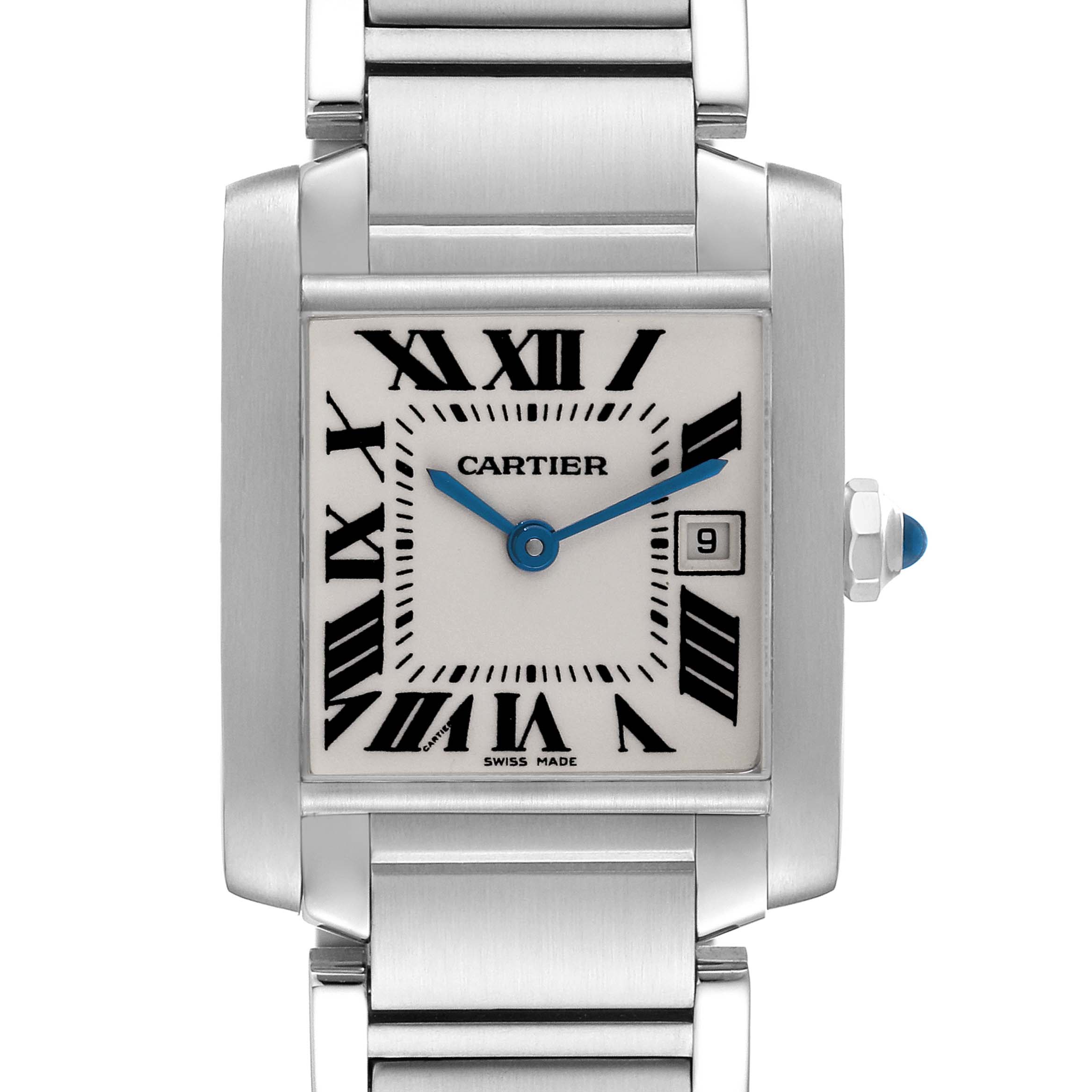 This image shows a front view of a Cartier Tank Française watch, highlighting the face, bracelet, and crown.